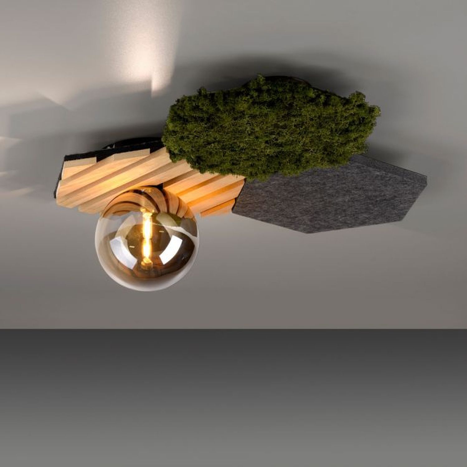 Plafonnier LED feutre chêne mousse verre fumé G9 faible éblouissement