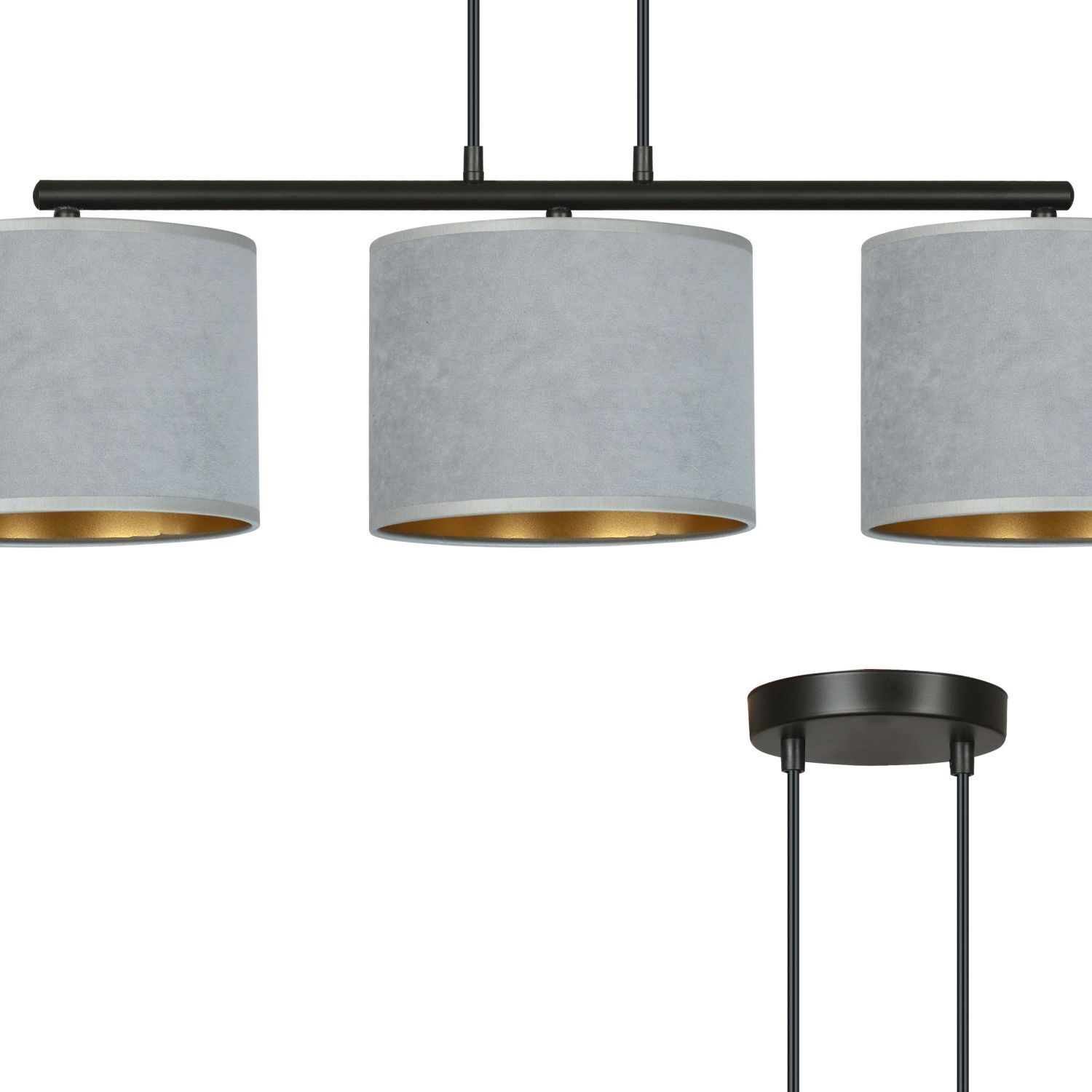 Suspension Métal Tissu L : 72 cm Noir Gris Or E27