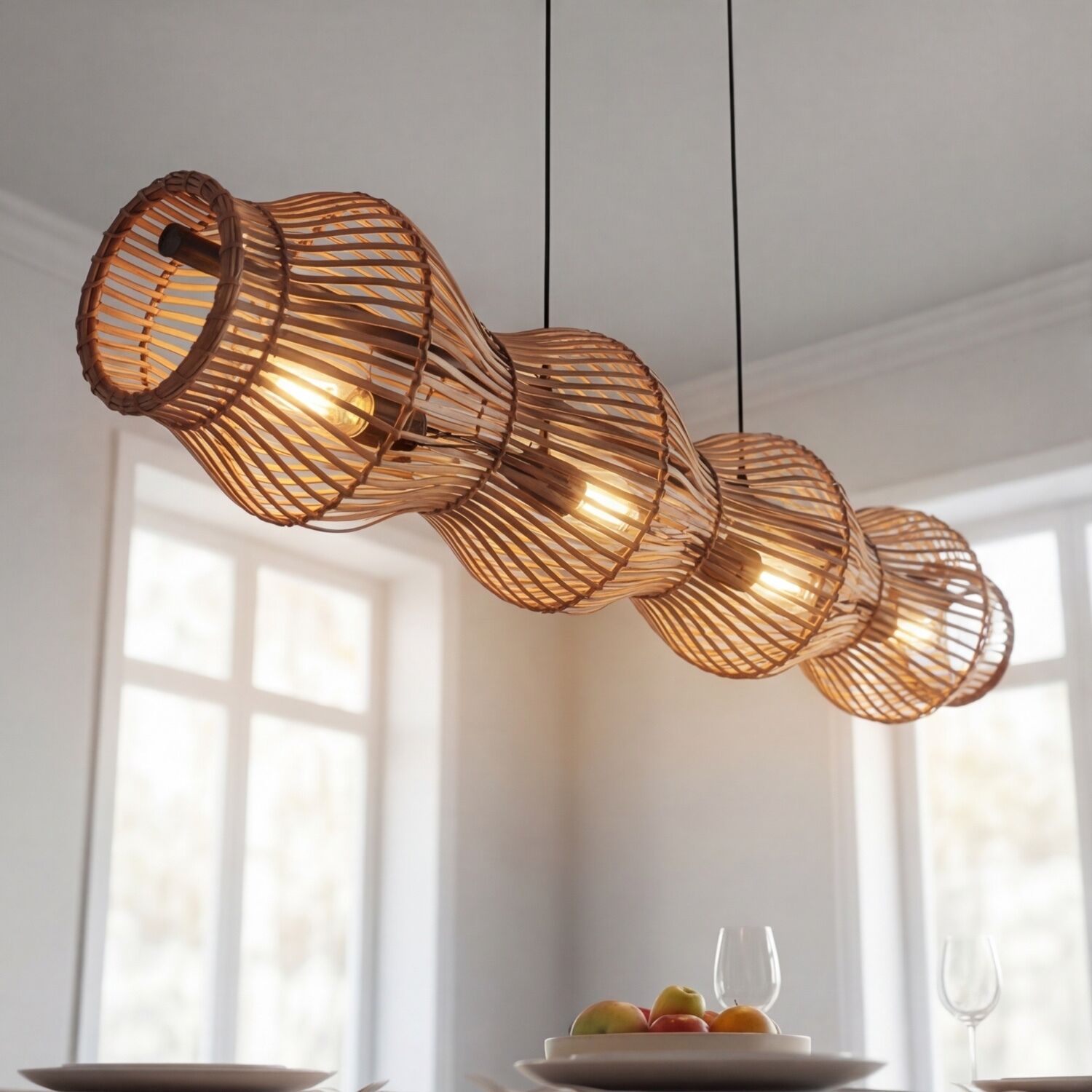 pendant light, woven lamp, rattan, bulbs visible, hanging fixture