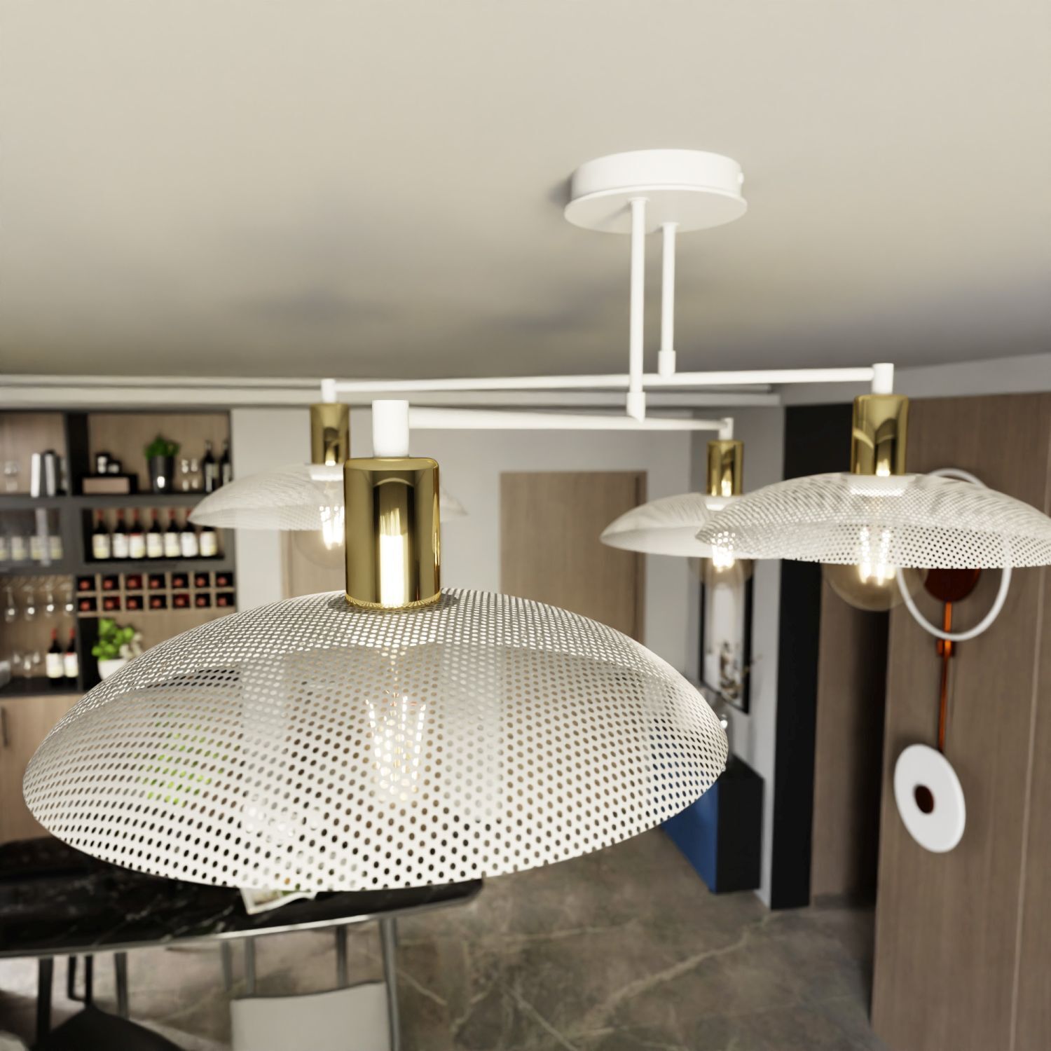 Lampe de plafond blanc or 100 cm de long E27 4-flamme métal