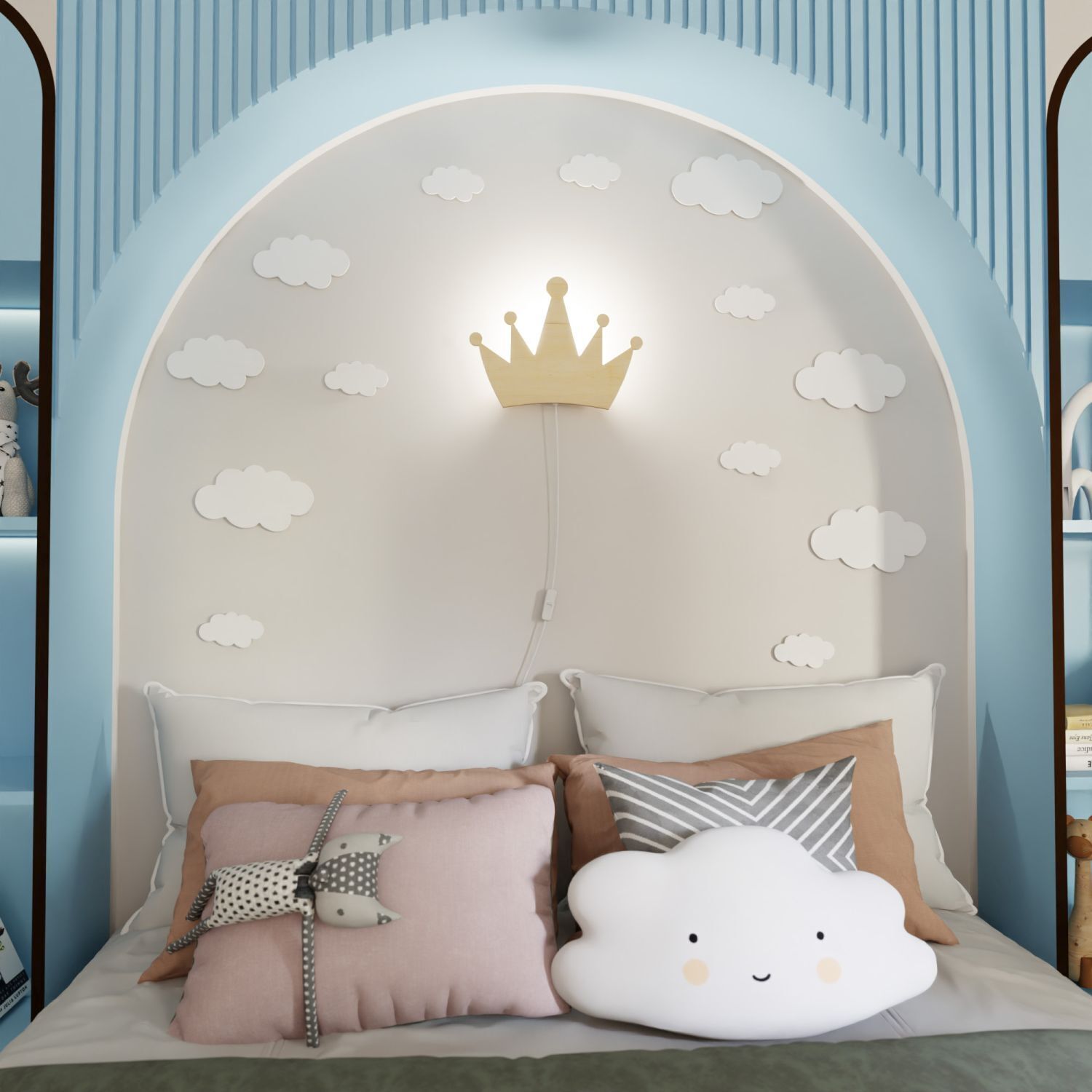 Applique murale chambre d'enfant avec fiche interrupteur couronne E14 bois