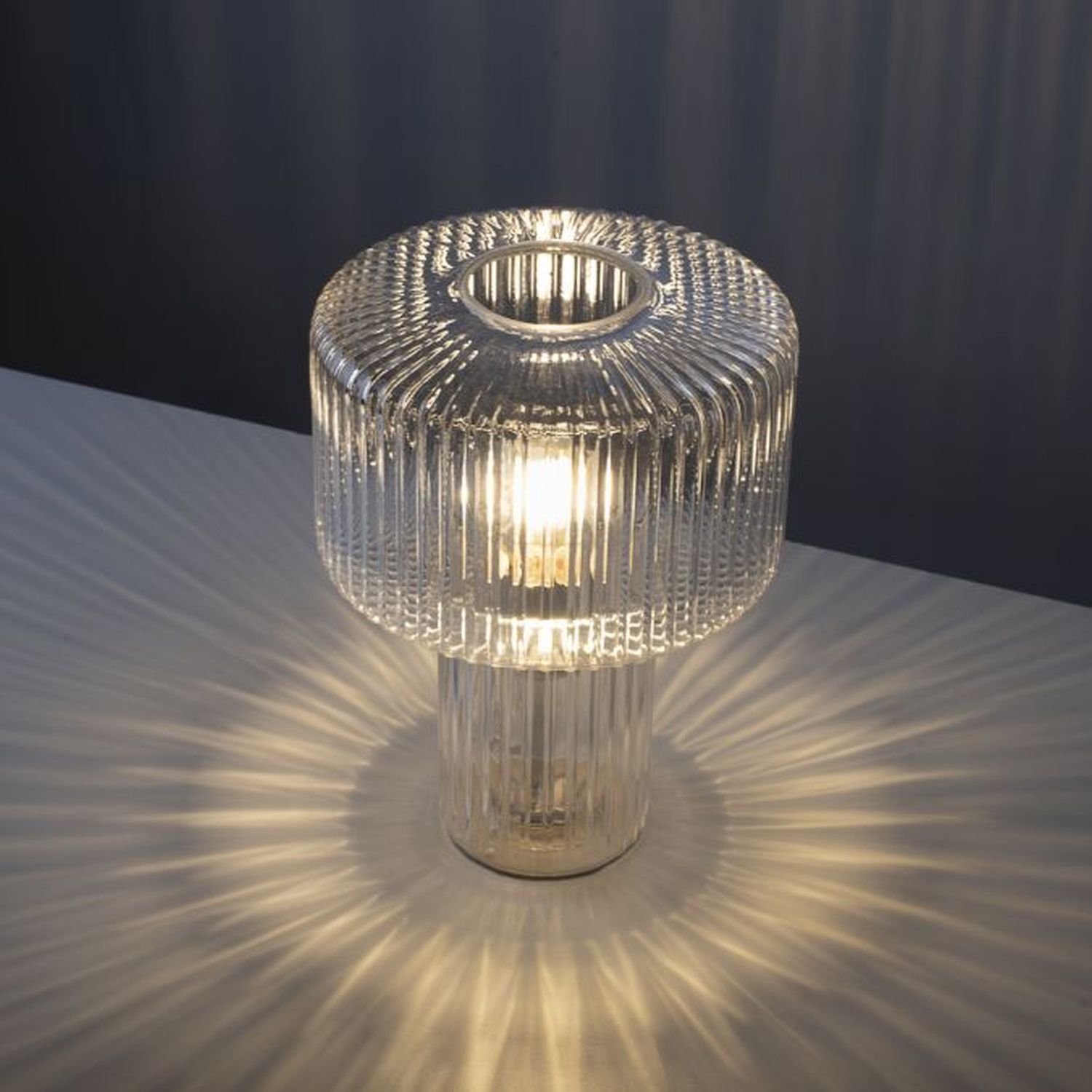 Dekorative Tischleuchte Riffelglas E27 35 cm Pilz rund Lampe