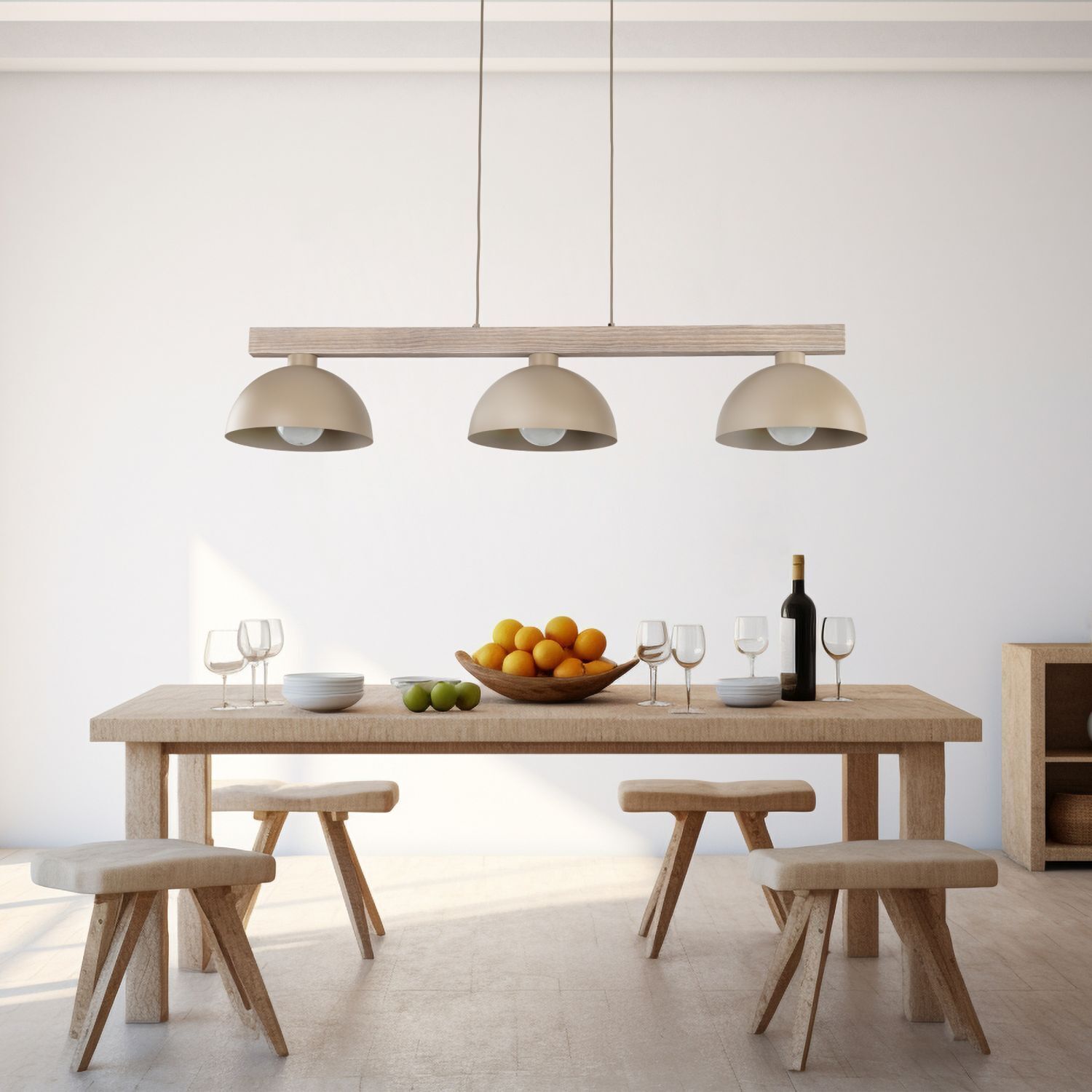 Pendelleuchte Beige Holz Metall 118 cm E27 3-flammig Esstisch, Holztisch, Holzmöbel, Beleuchtungskopf, Sitzbank