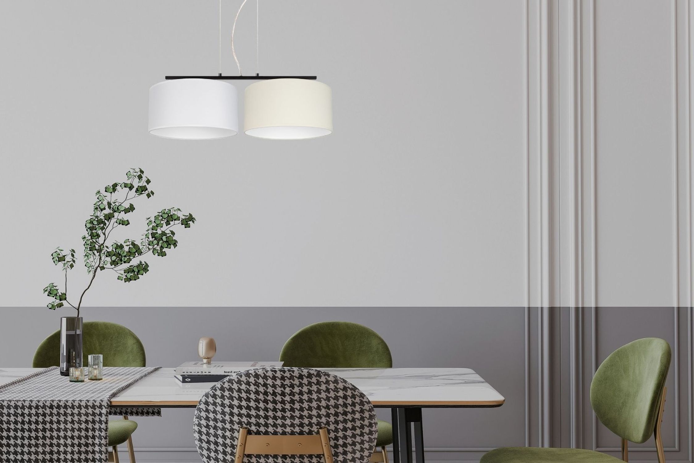 Esstisch, Wohnzimmerstuhl, Hängelampe, Vase, Grün