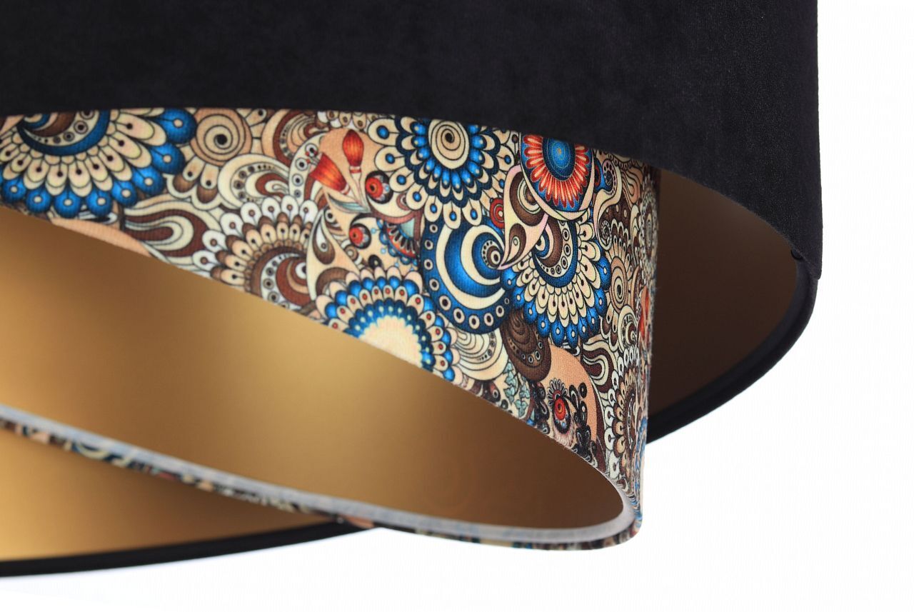 Lampe à suspendre ronde D : 50 cm E27 Abat-jour en tissu noir multicolore or