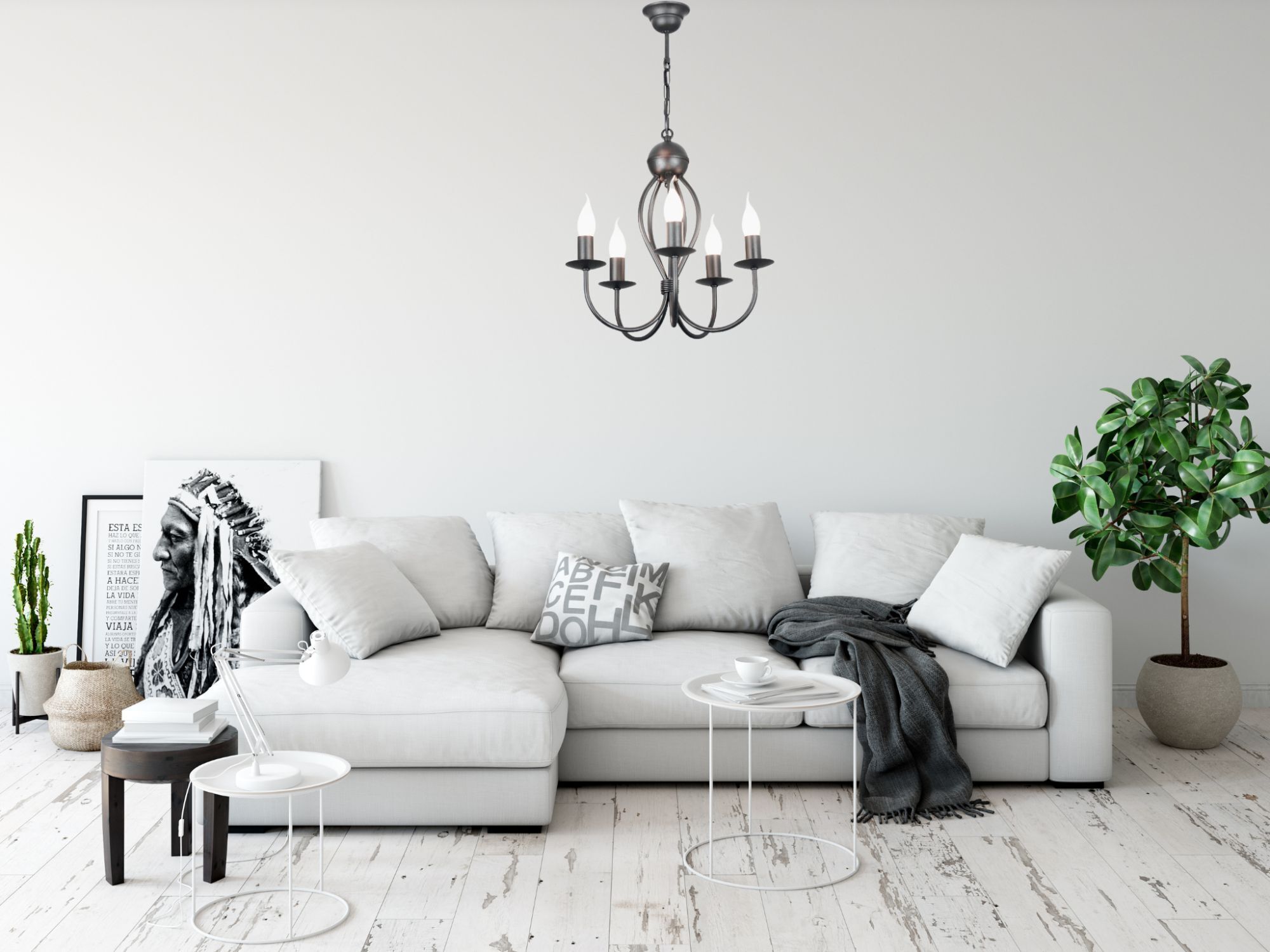 Lustre noir métal 5 flammes E14 Classique Couch, Dekoration für Zuhause, Wohnzimmer, Tabelle, Pflanze