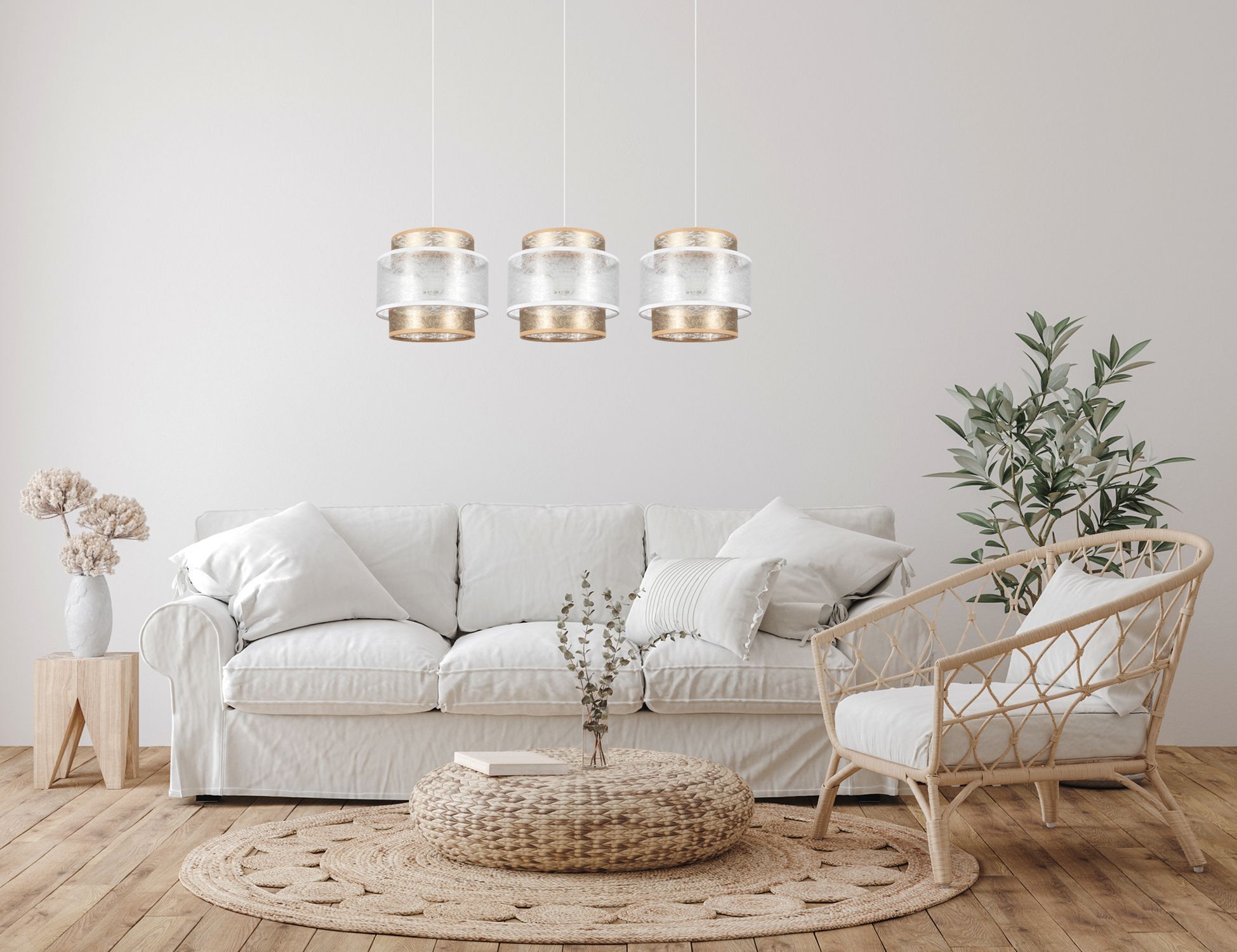 Suspension allongée tissu métal E27 3-flmg 75 cm Dekoration für Zuhause, Lampe, Mobiliar, Wohnzimmer, Kissen