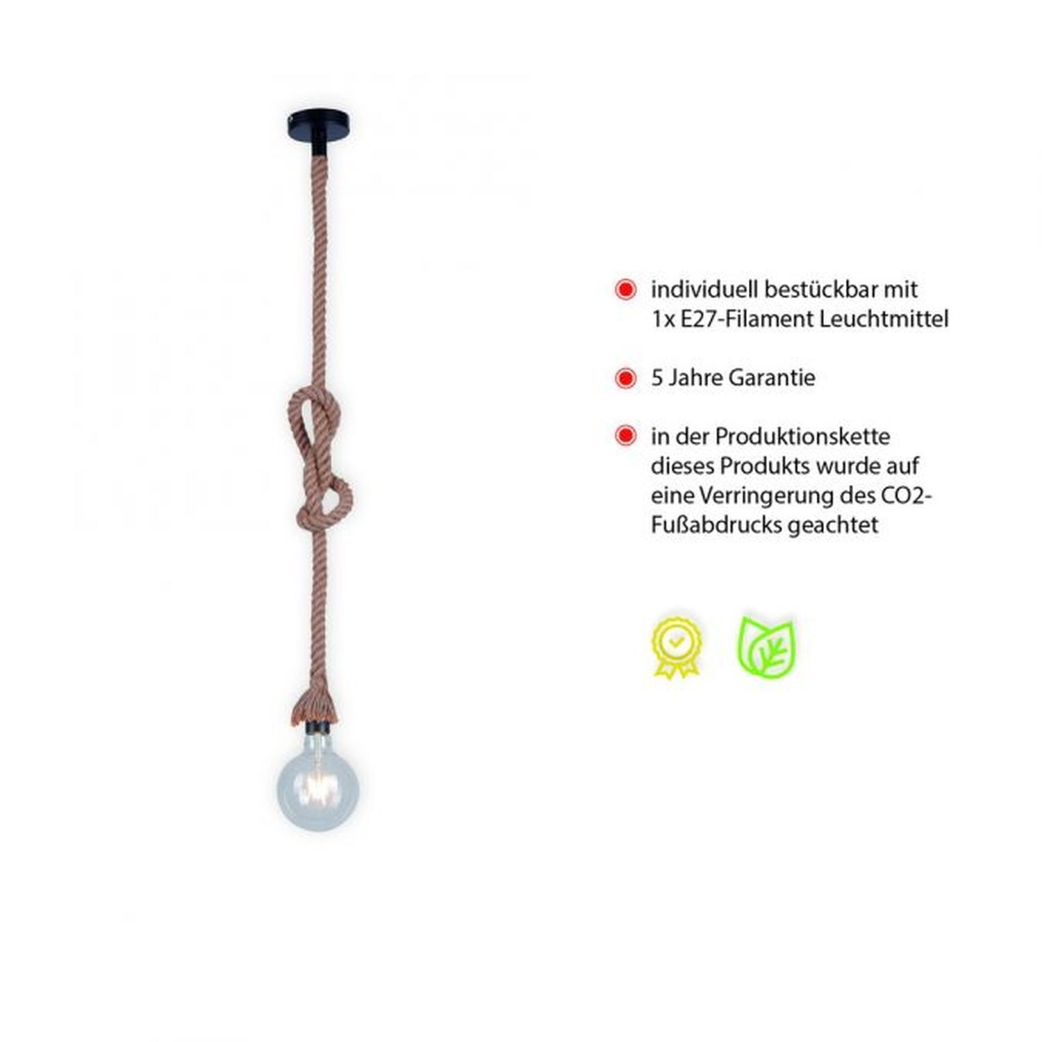 Suspension vintage E27 jusqu'à 15 W Ø10 cm rond corde tau