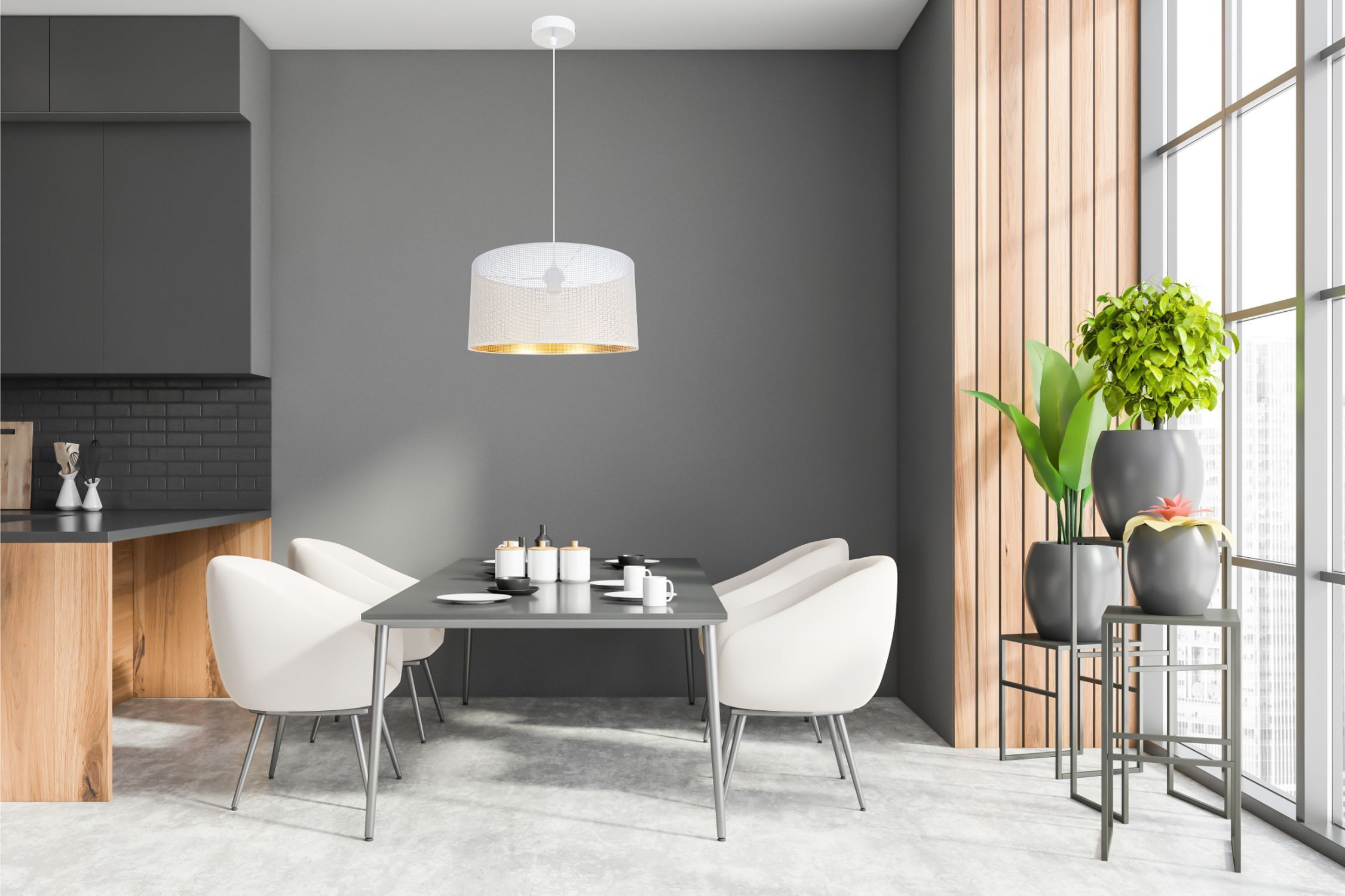 Esstisch, Möbel-Set, Runde Pendelleuchte, Küchenbereich, Wohnküchen-Design