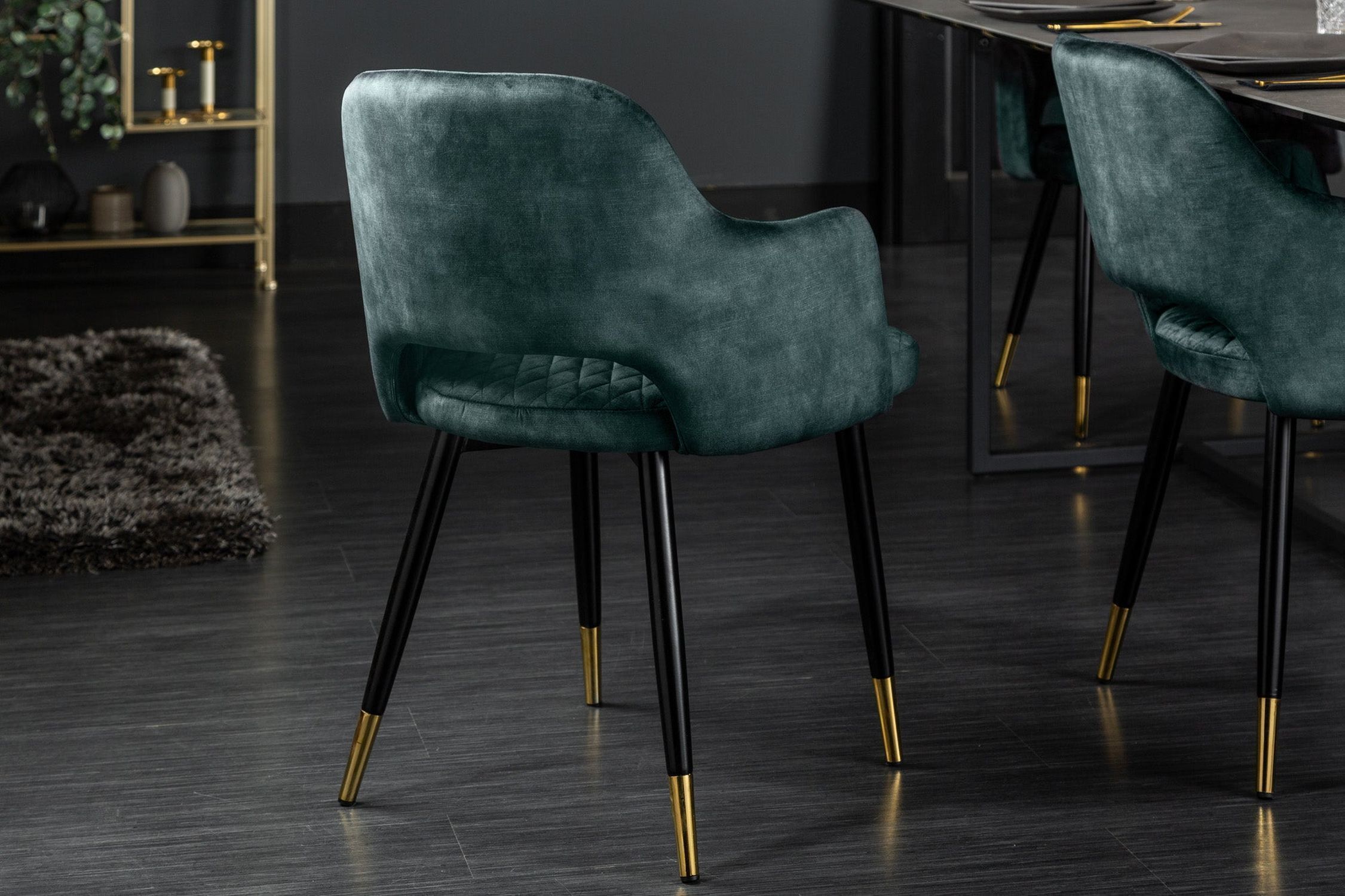 Chaise de salle à manger velours métal pétrole noir or avec accoudoirs Moebel, Stuhl, Fußboden