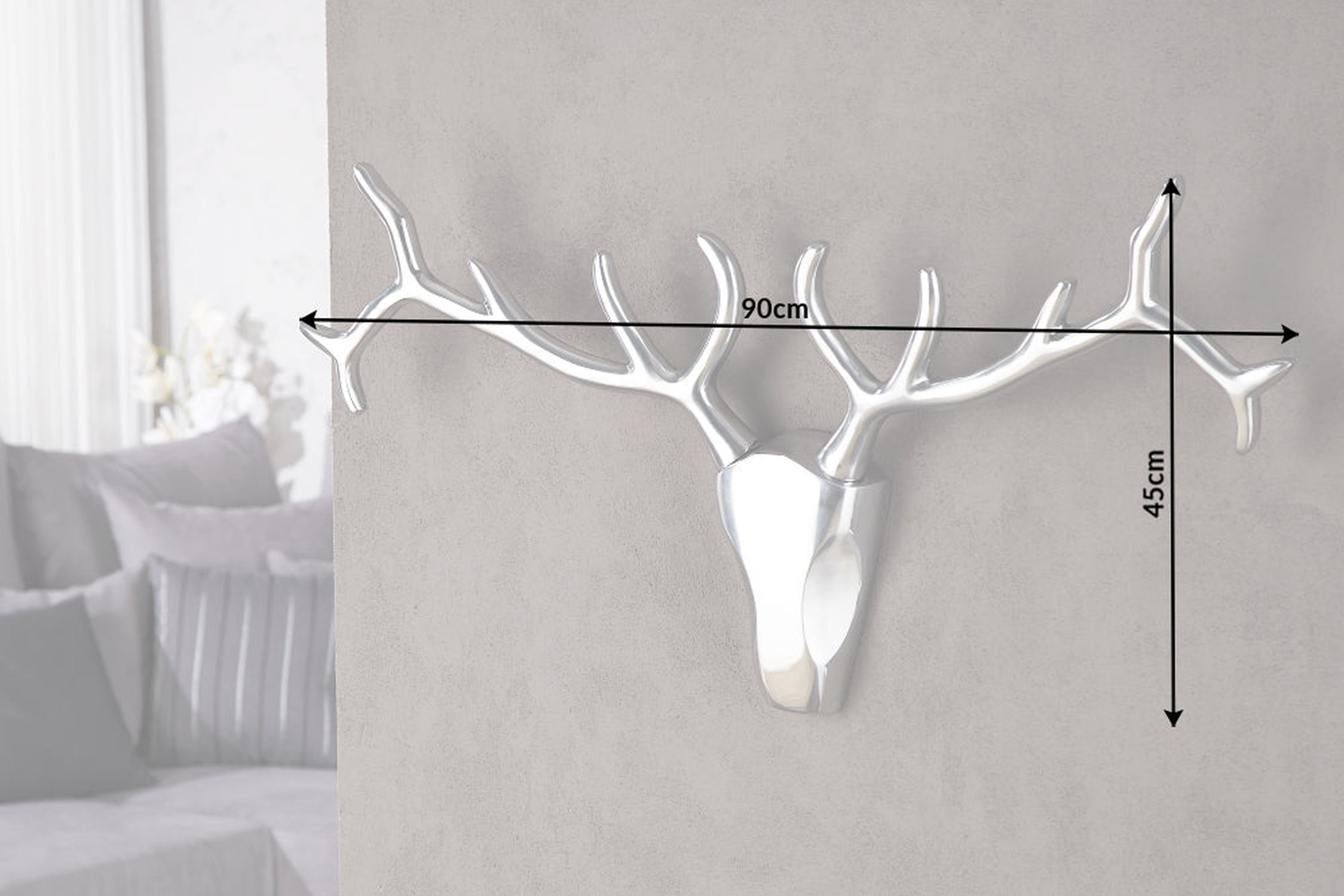 Décoration murale bois de cerf en métal 98 cm de large en argent