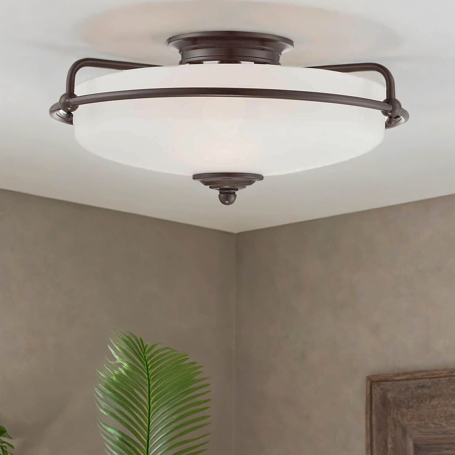 Deckenlampe rund D: 42,2 cm 3x E277 in Bronze antik Weiß deckenleuchte, deckenlampe, kugelleuchte, metallic, glas