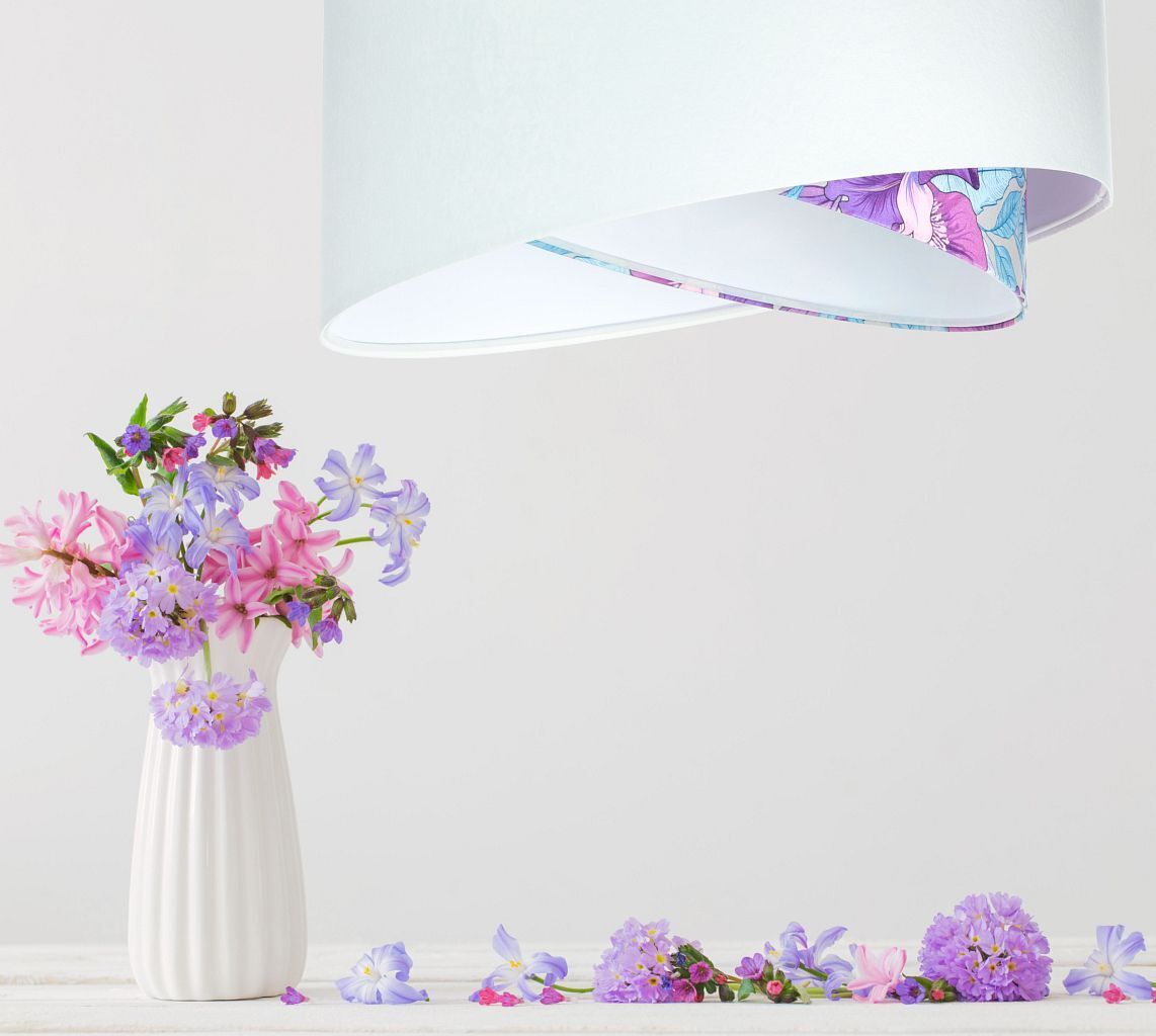 Suspension Blanc Violet Fleurs Print E27 rond Ø 50 cm Tissu