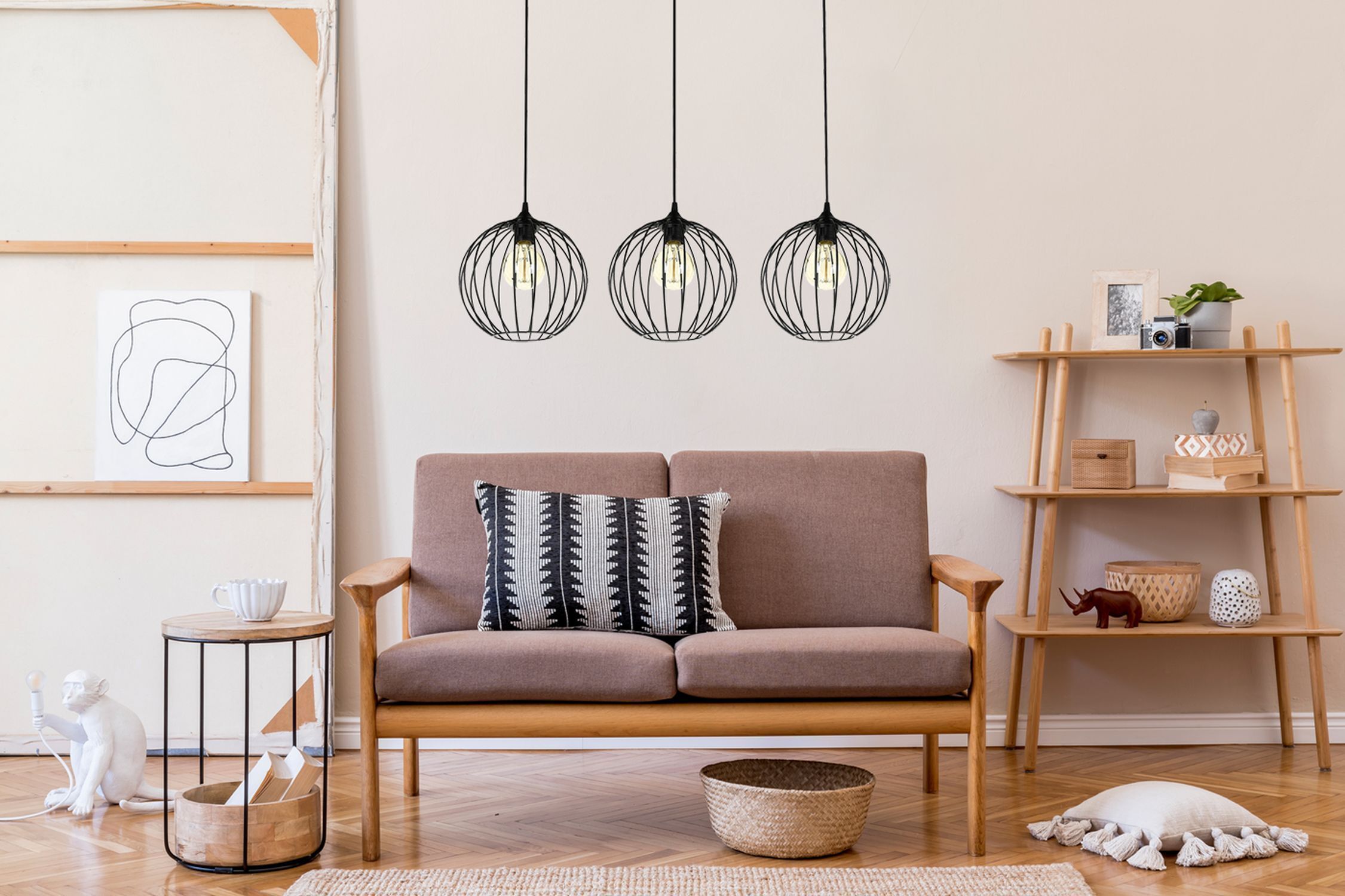 Lampe à suspendre E27 Noir Métal 3 flammes L:70 cm Fil de fer