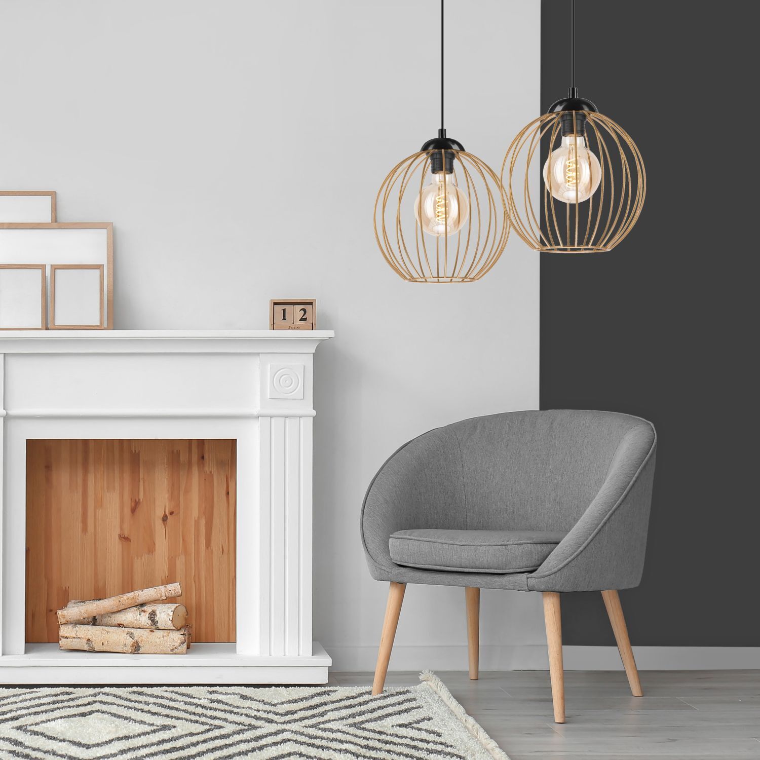 Lampe à suspendre 2 flammes E27 en noir or métal filaire Drinnen, Innenarchitektur, Lampe, Stuhl, Mobiliar