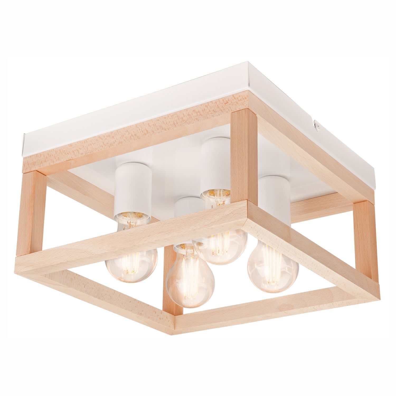 Plafonnier bois métal 4 flammes E27 L : 30 cm carré