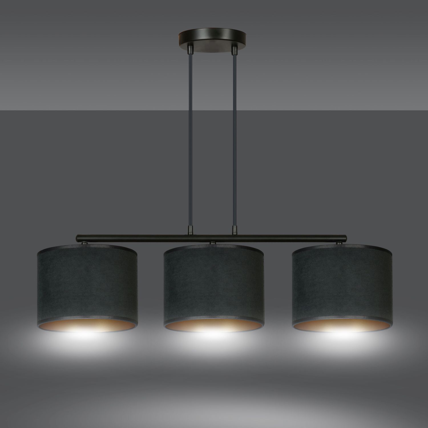 Suspension tissu métal L : 72cm noir or 3-flamme E27