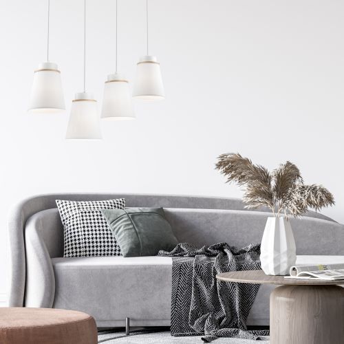 Suspension Blanc Bois Tissu Métal 4-flmg Lampe