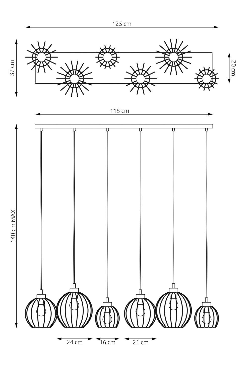 Suspension allongée noir or 6 flammes élégantes