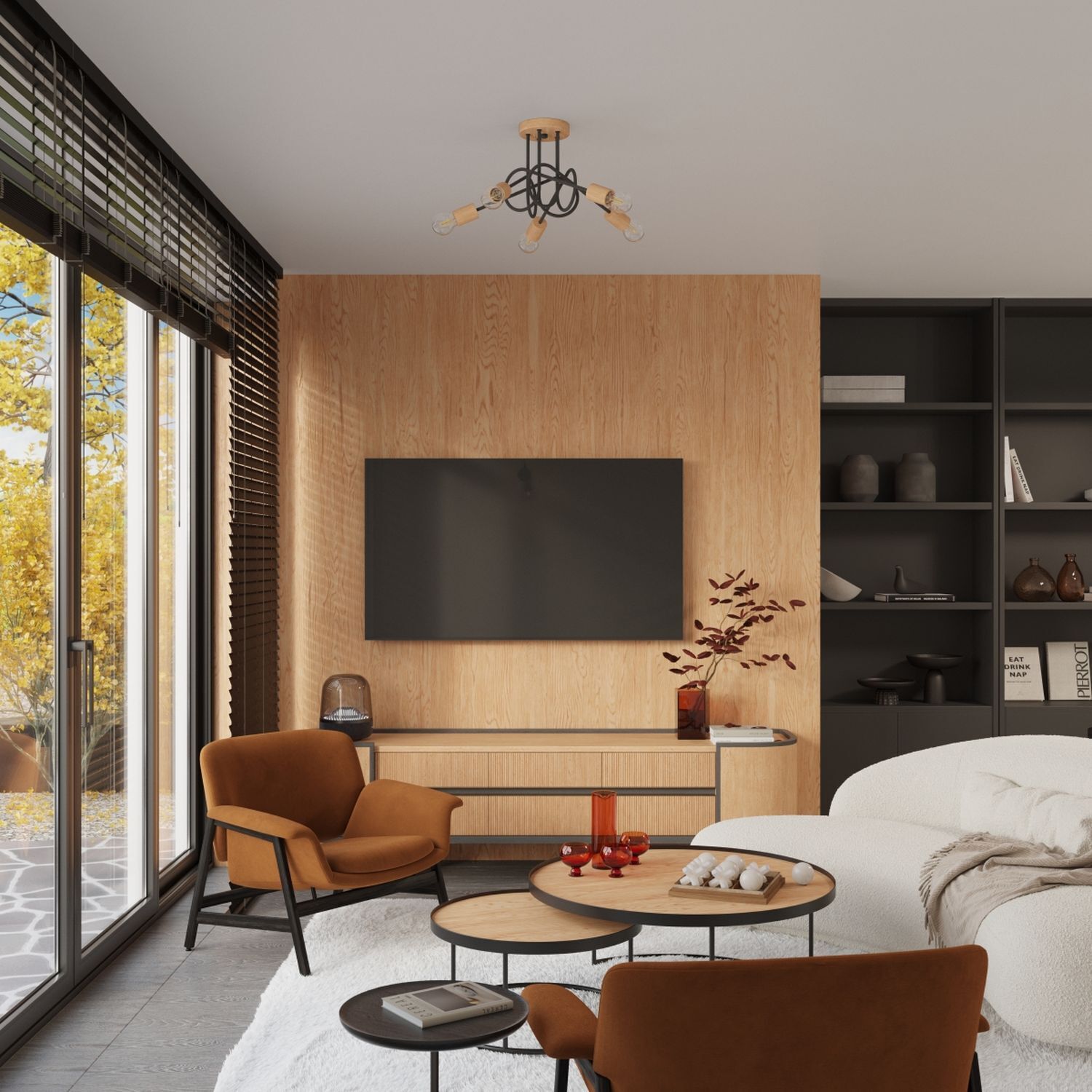 Deckenleuchte Holz Stahl Schwarz E27 L:56 cm 3-flammig Wohnzimmer, Wandmontage-TV, Holzwand, Sessel, Couchtische