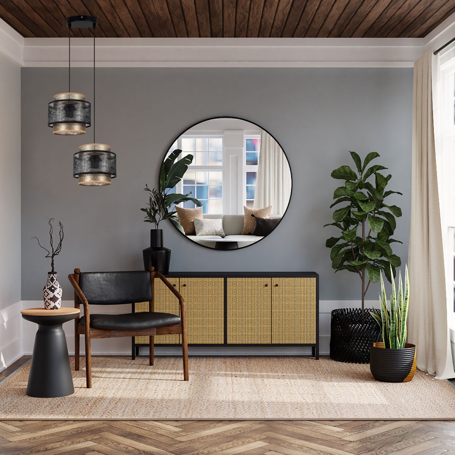 Wohnzimmer, Sideboard, Spiegel, Pflanzen, Leuchte