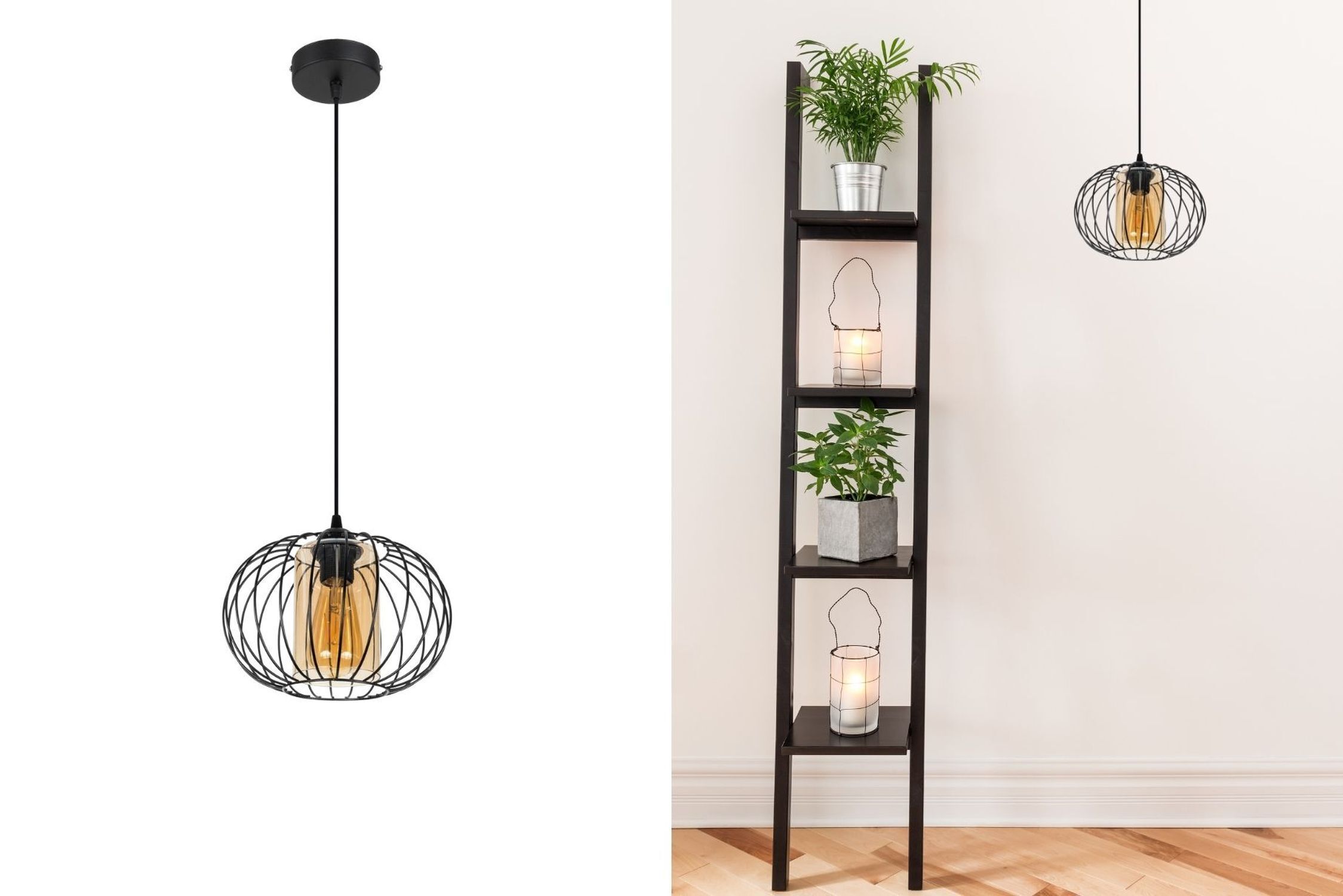 Hängelampe E27 rund Ø25 cm Schwarz Honig blendarm Retro de, pendant light, wire frame, black metal, e27 bulb, cord pendant