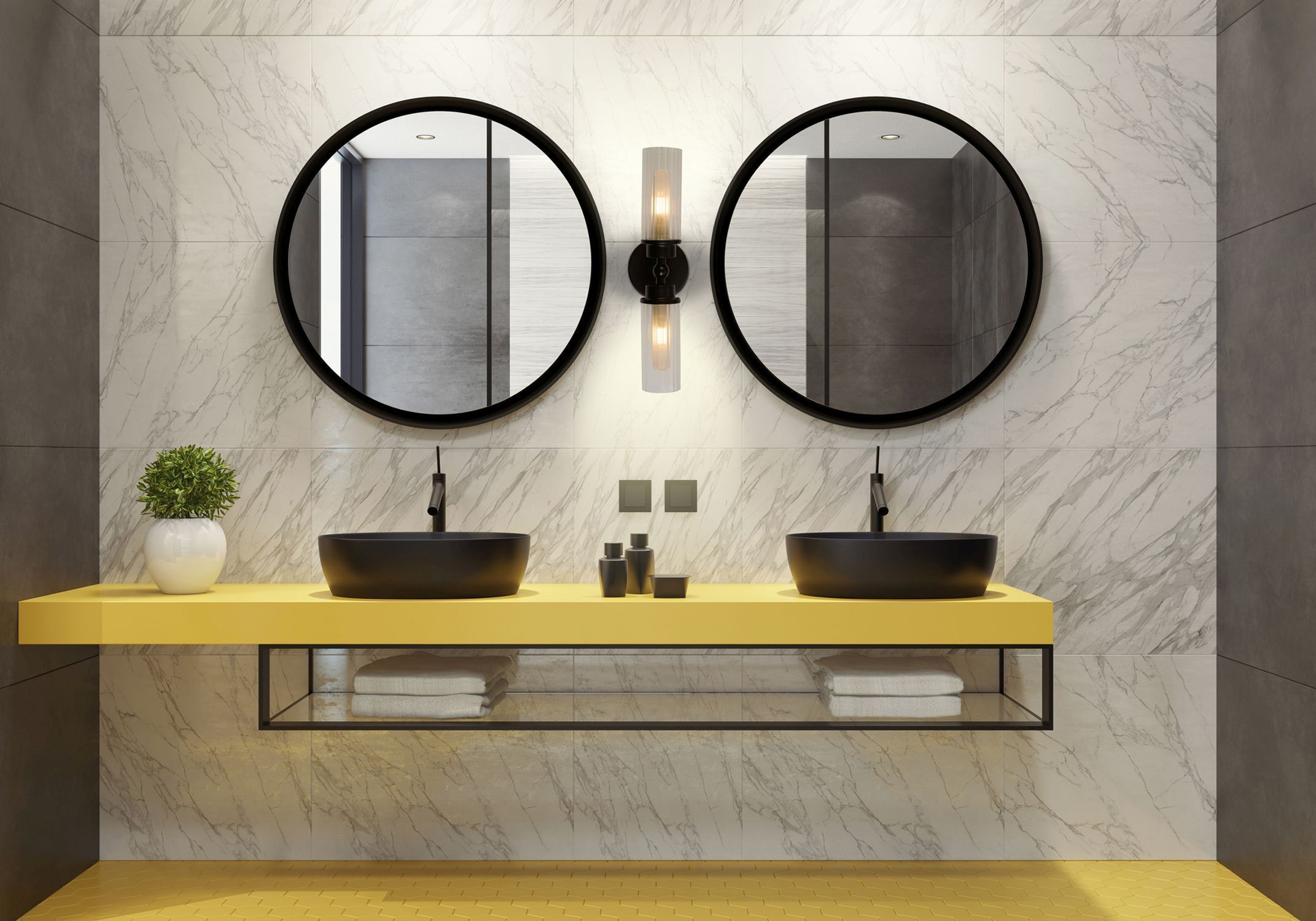 Badezimmer, Doppelwaschbecken, gelber Arbeitstisch, runde Spiegel, Vessel-Waschbecken