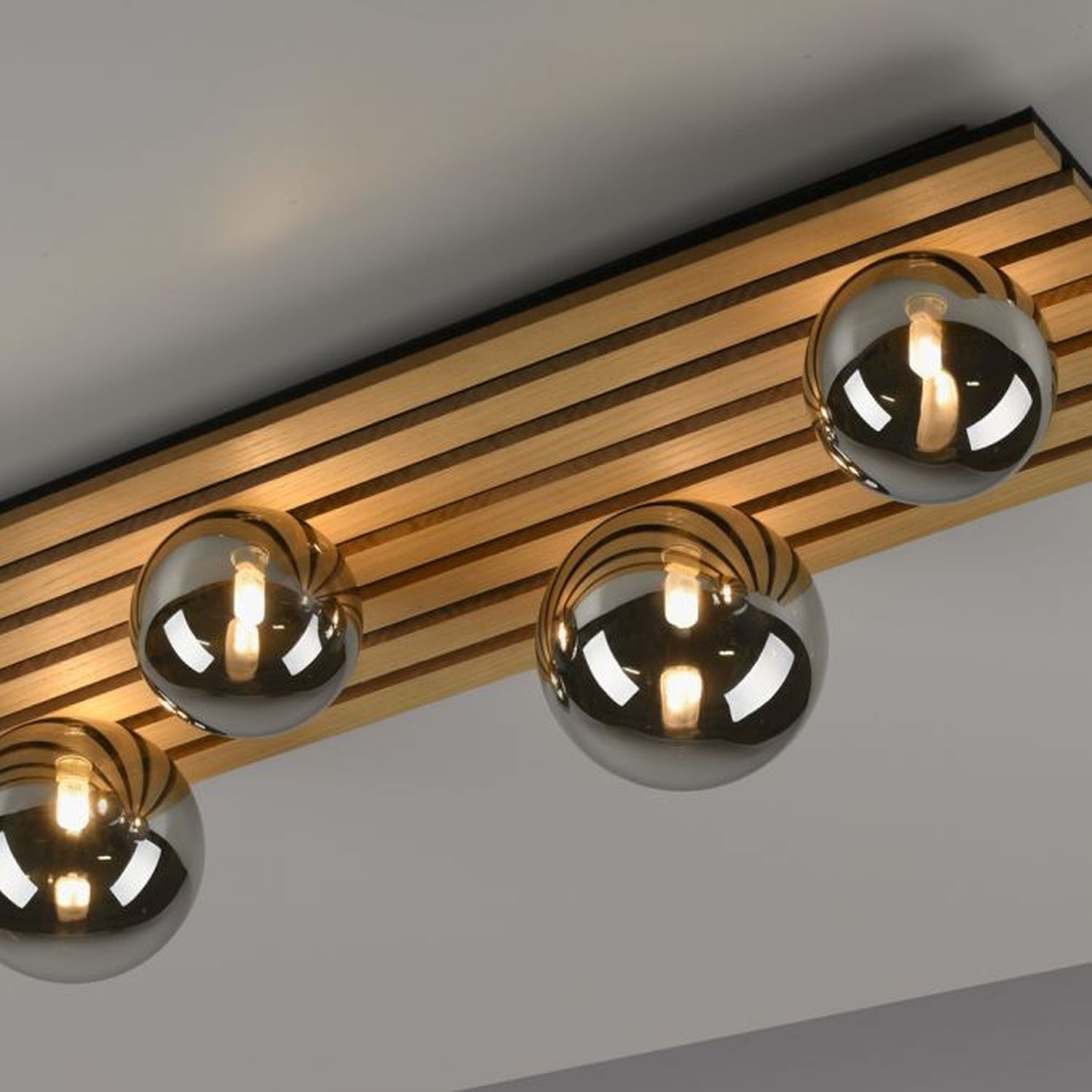 Lampe de plafonnier confortable Boules de verre Bois G9 80 cm Naturel Deckenleuchte, Beleuchtung, Leuchte