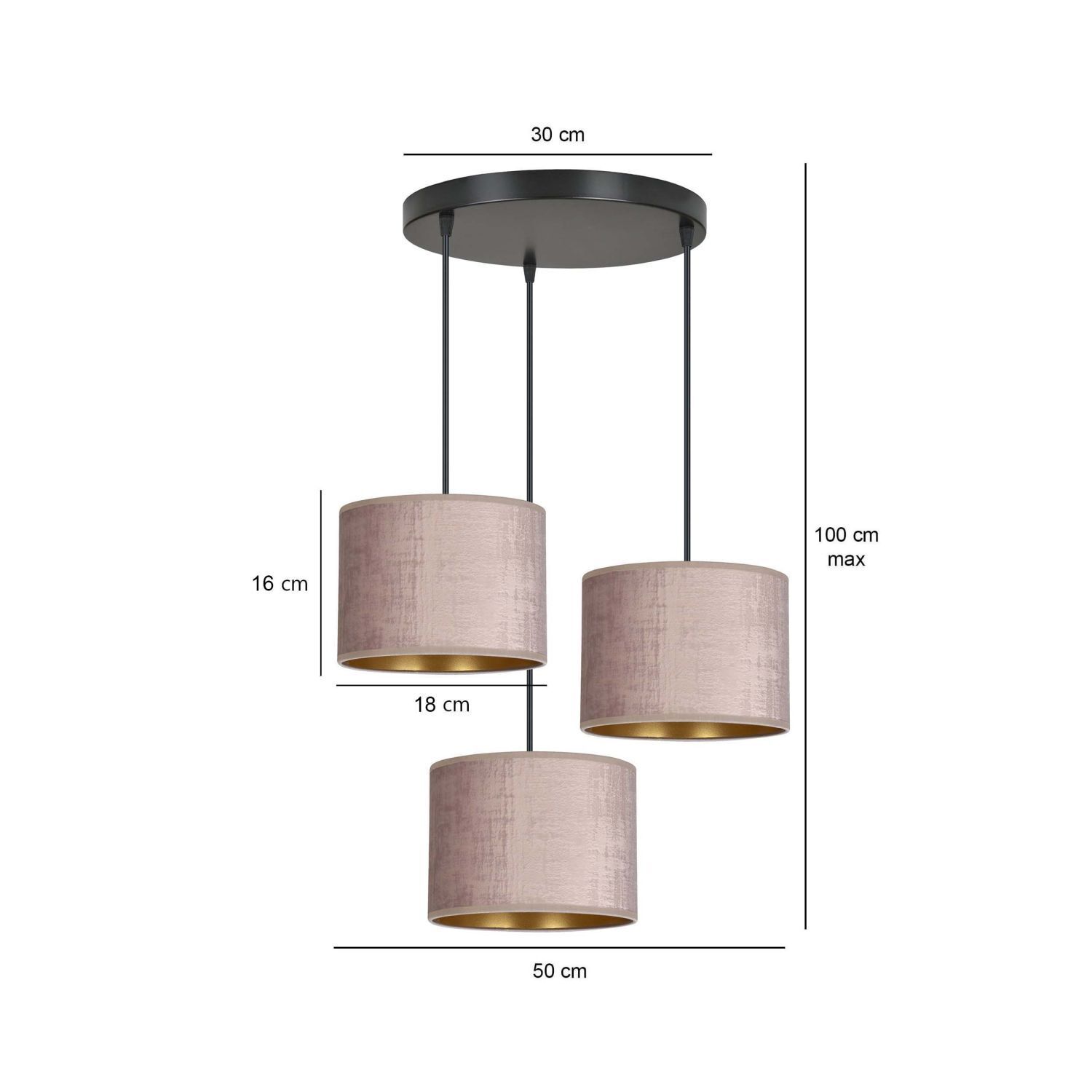 Suspension tissu métal noir rose or 3 flammes E27