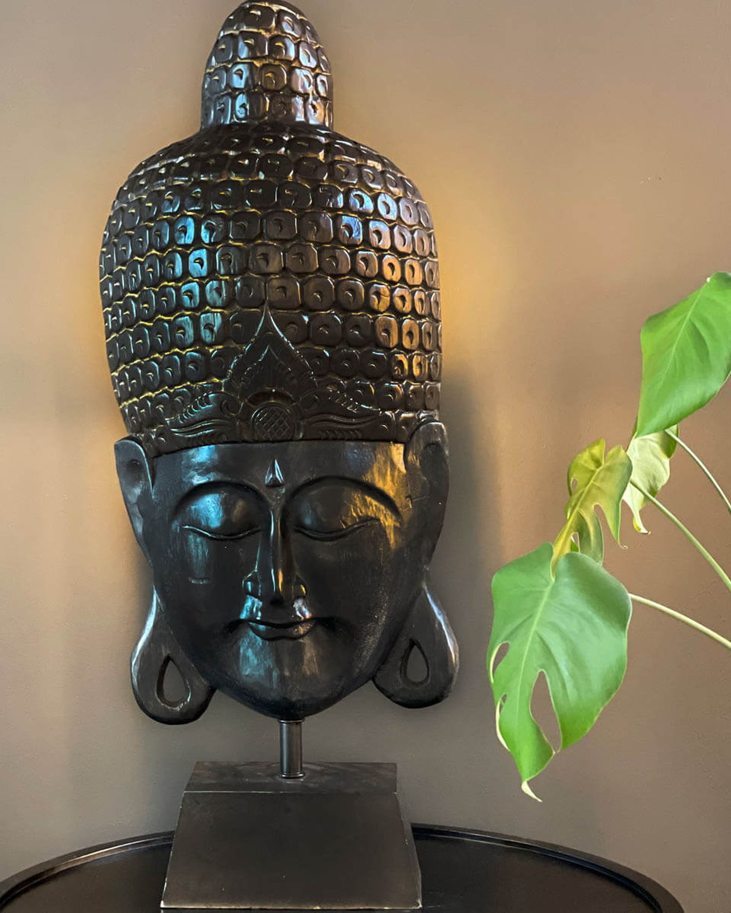 Tischlampe Holz E27 75 cm hoch Schwarz Dunkelbraun Buddha Kopf, Statue, Buddha, Skulptur, schwarz