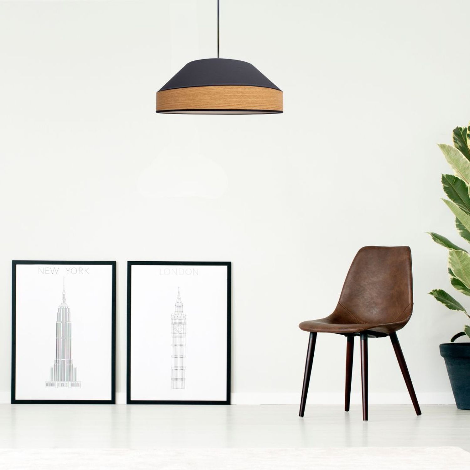 Runde Hängeleuchte Stoff wohnlich Schwarz Natur B:45 cm Lampe, Hängelampe, Holzband, Kiefer, Küchen-/Wohnlicht