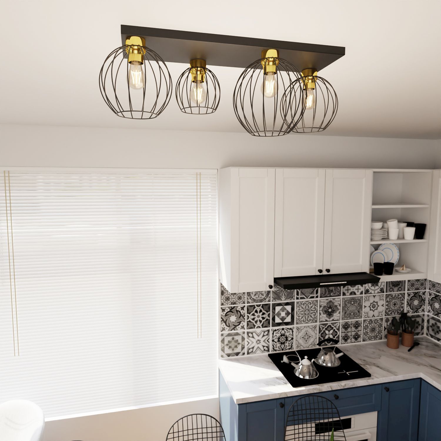 kitchen ceiling light, hanging light, metal wire lamp, kitchen lamp, gray and black