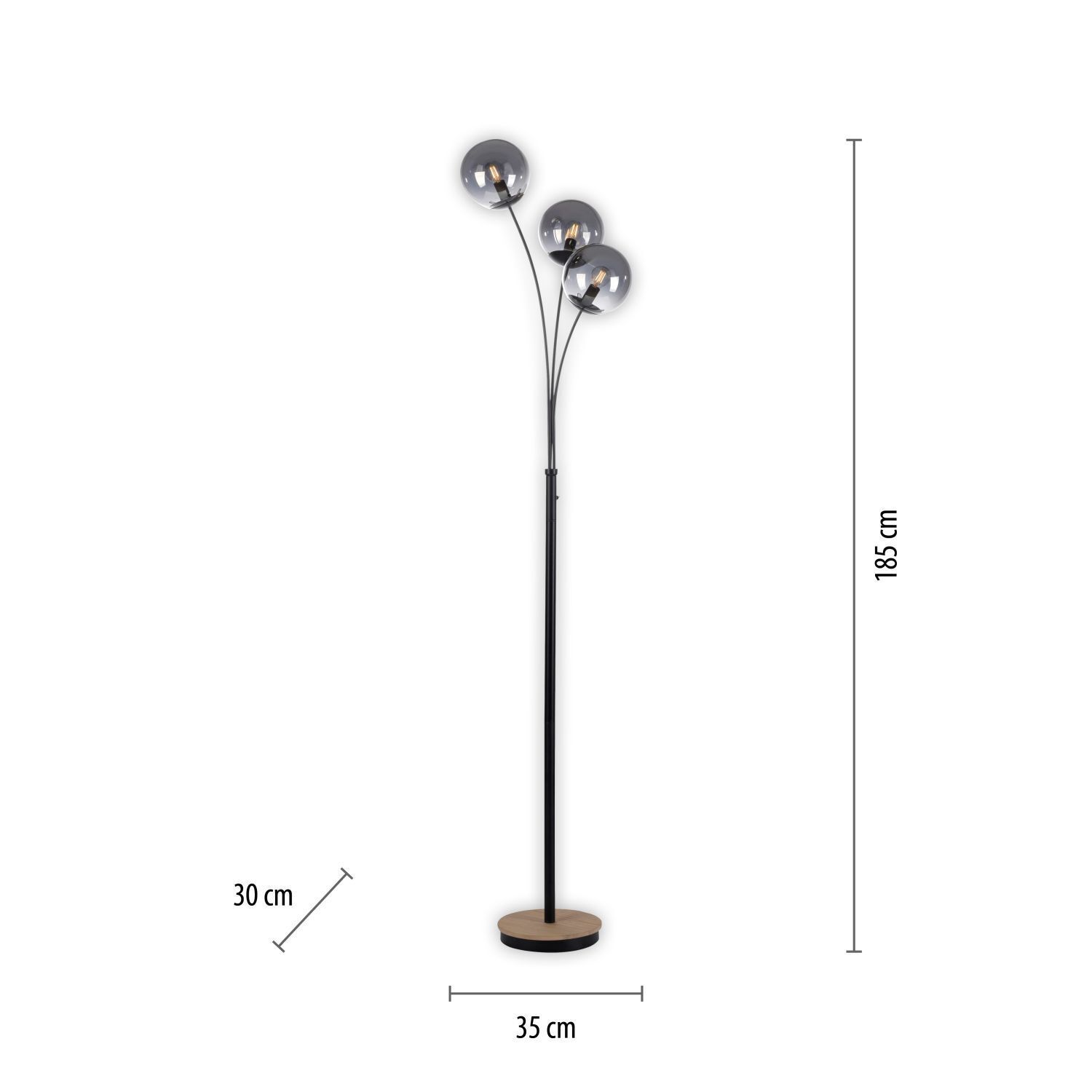 Lampadaire stylé verre fumé bois E14 185 cm 3 flammes Lampe