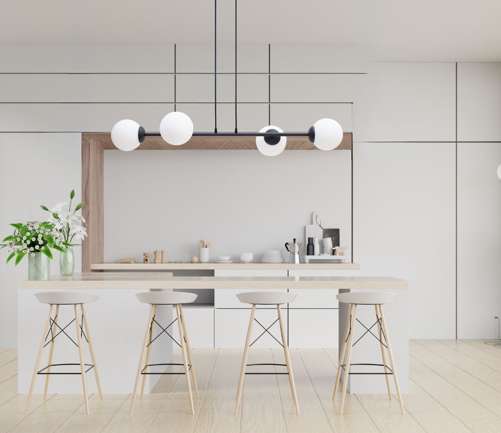 kitchen, Insel, Pendelleuchte, Barhocker, weiße Dekoration