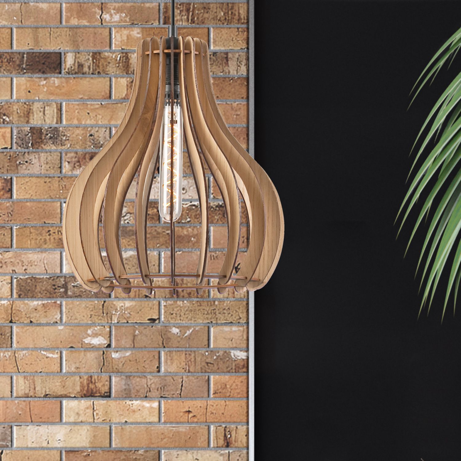 Hängeleuchte, Holz, Korbform, Edison-Birne, Industriell