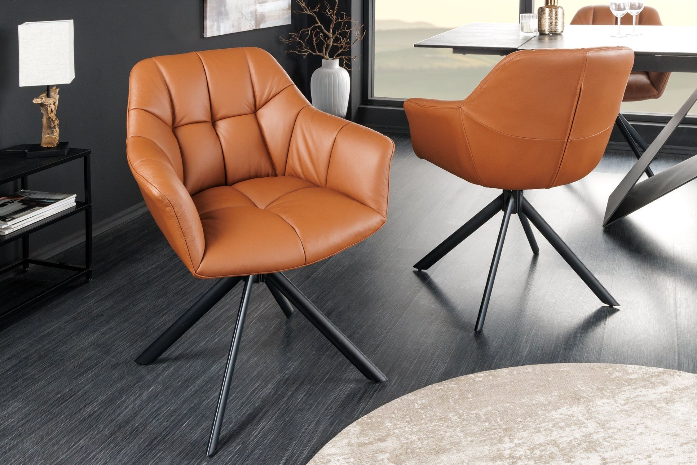 Chaise pivotante cuir métal L : 65 cm sans roulettes en cognac noir Moebel, Stuhl, Drinnen, Sessel