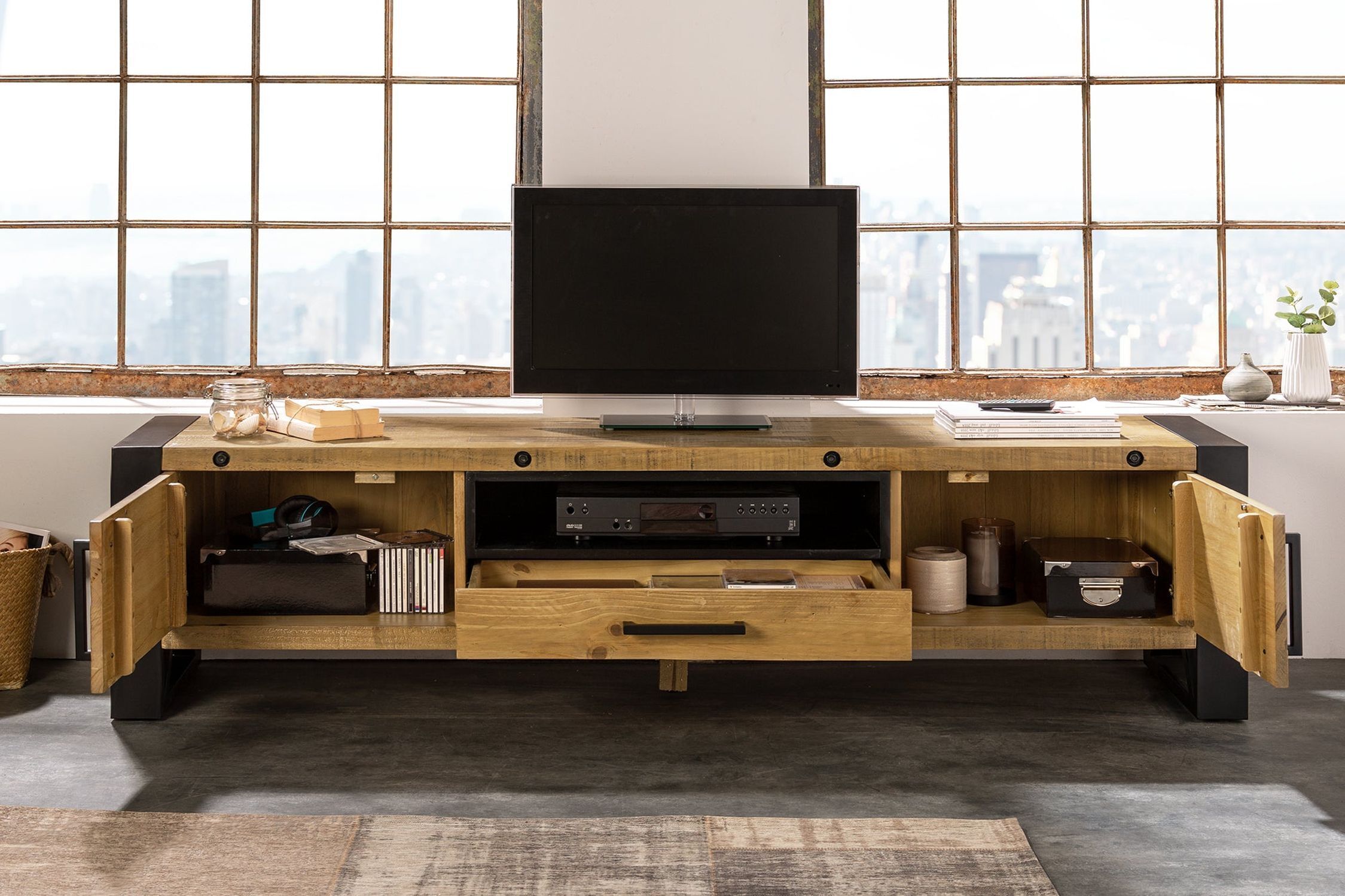 TV Lowboard 200 cm de large piètement à patins Design industriel Moebel, Tabelle, Innenarchitektur, Schreibtisch, Überwachen
