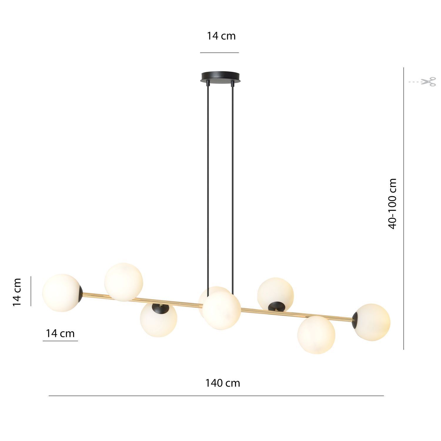 Suspension longue 140 cm E14 en noir blanc or
