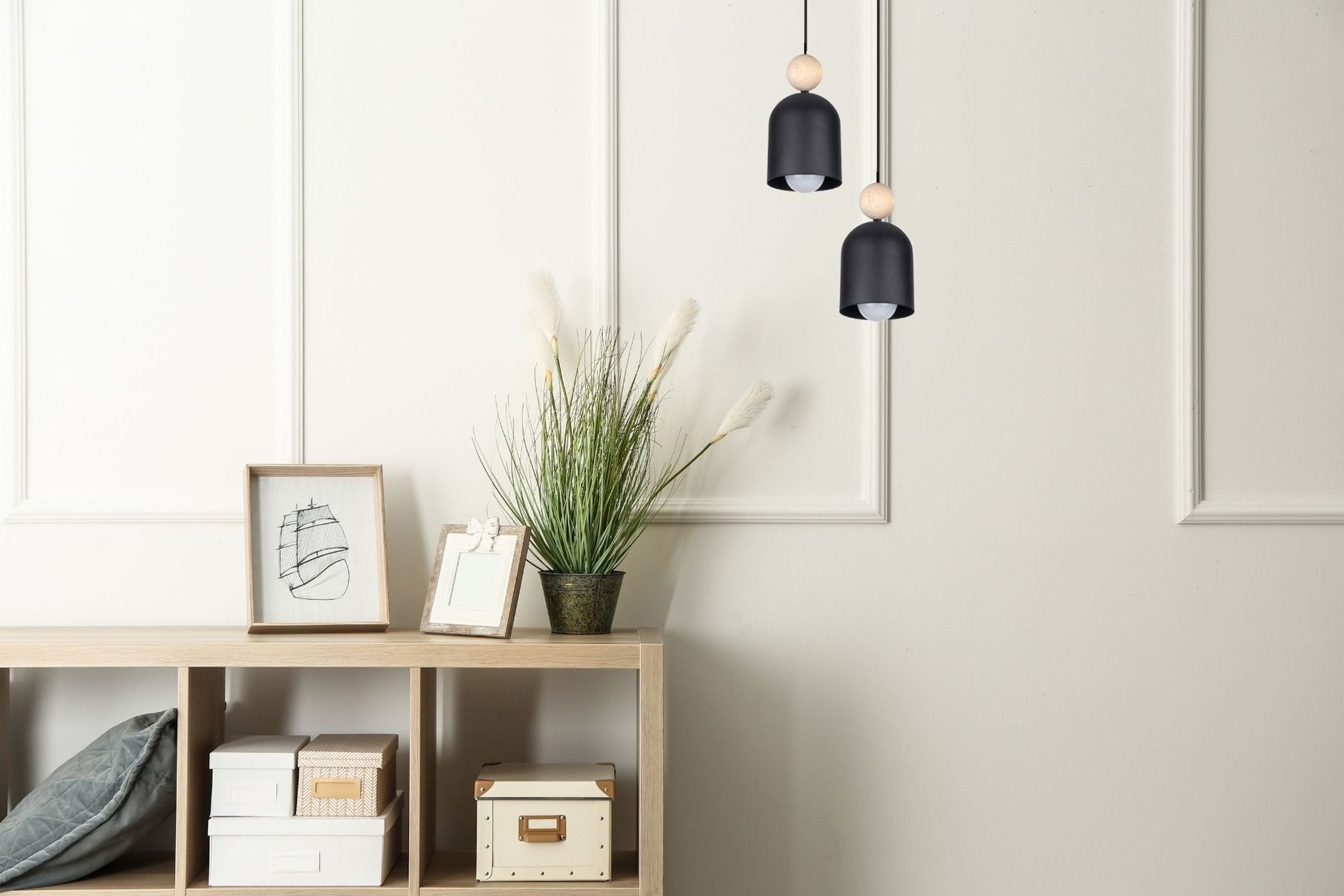 Lampe à suspendre ronde Noir Métal Bois 2flmg E27 Ø21 cm