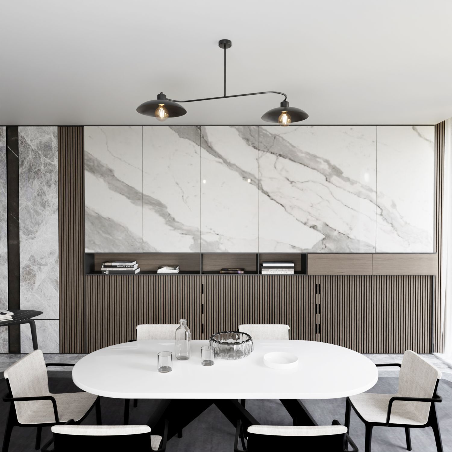 Esstisch, Rundtisch, weiß, Glasvase, Speisesaal