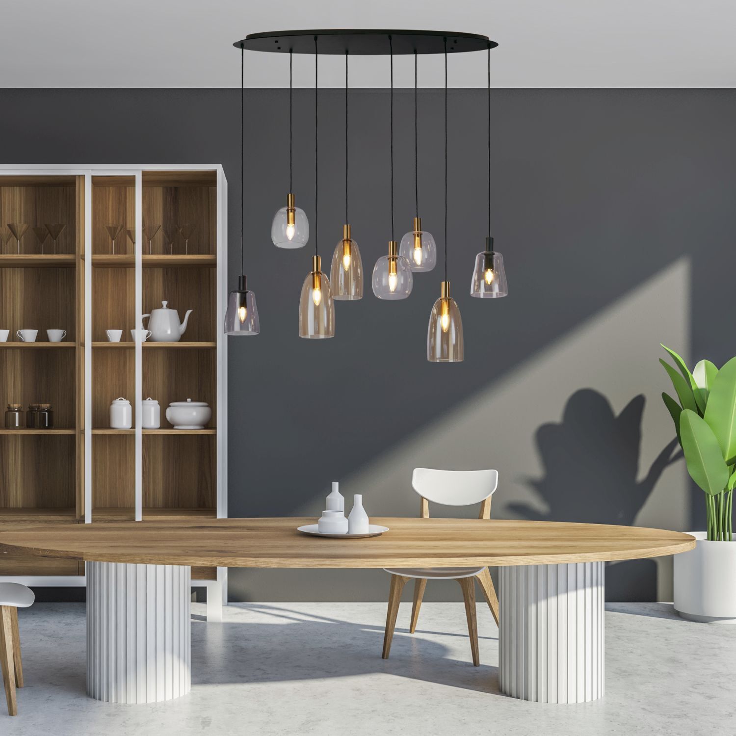 Hängelampe Glas Metall B: 120 cm groß H: max. 1,4 m Speisesaal, Esstisch, Tisch, Innenarchitektur, Stuhl