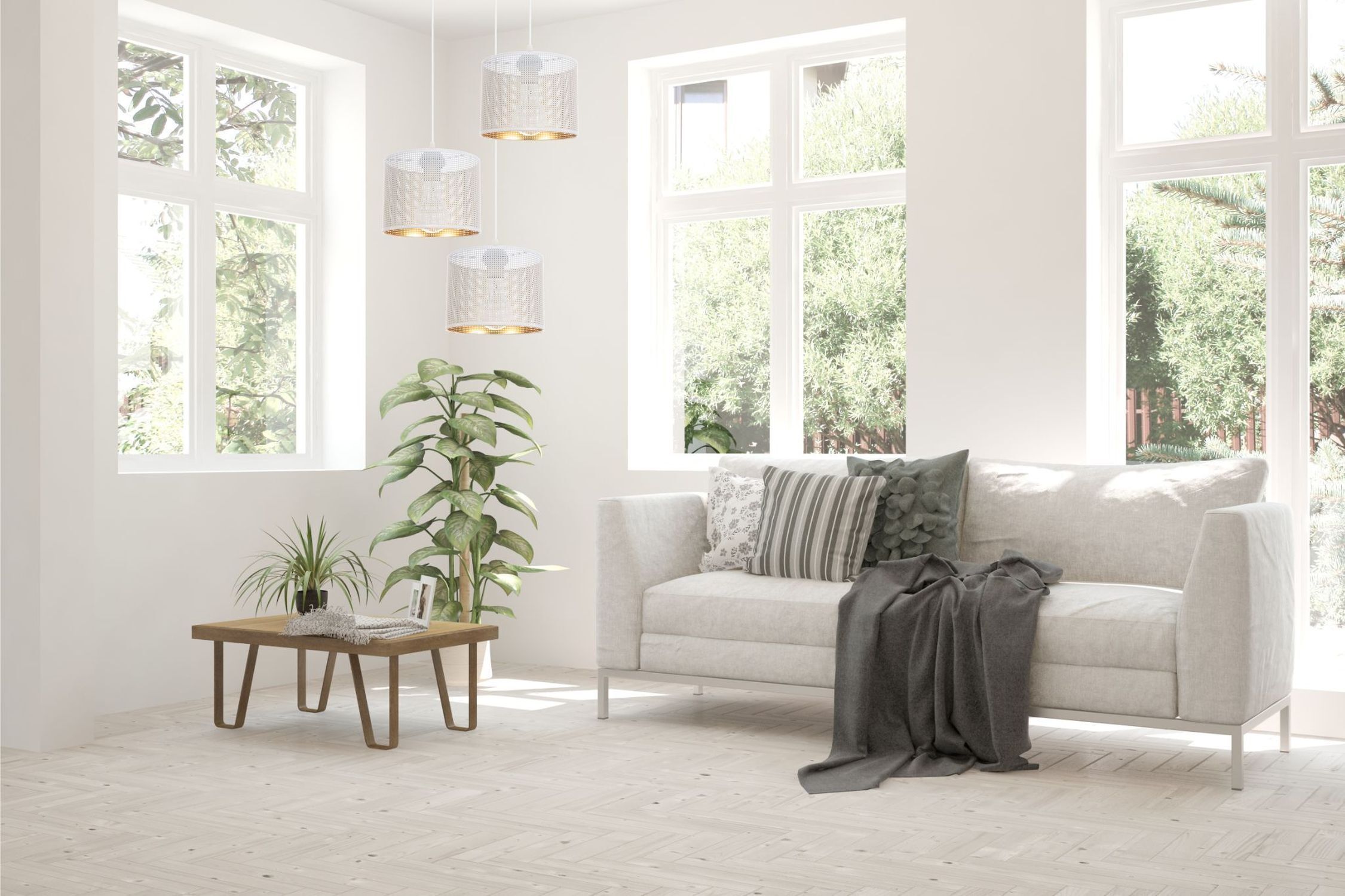 Lampe à suspendre métal blanc or E27 3-flammes Ø45 cm Loft Couch, Fenster, Pflanze, Französisches Fenster, Inneneinrichtung