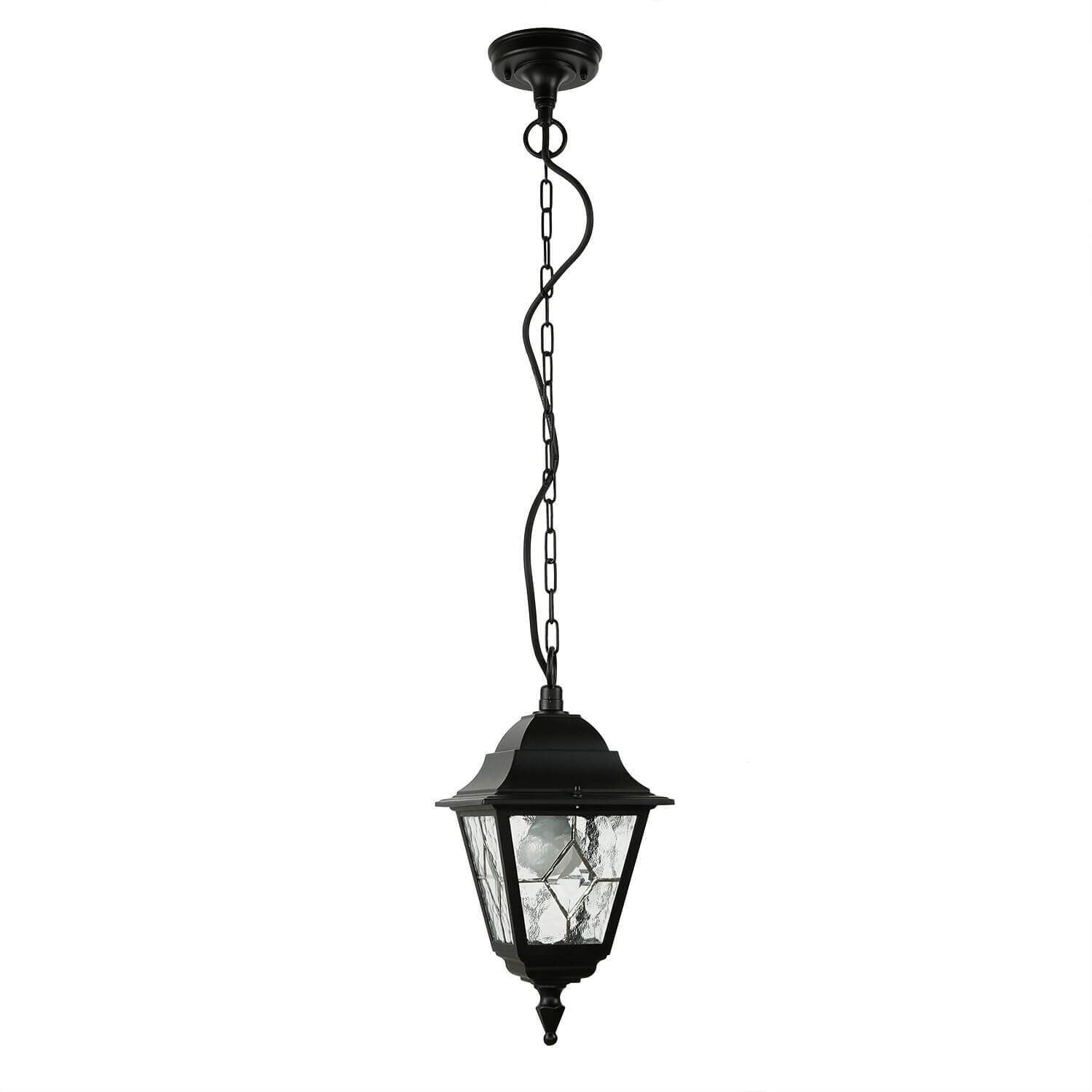 outdoor-haengelampe-aussen-pendelleuchte-laterne-ornamentglas-schwarz-rustikal-ip43-1 hängende Laterne, Pendellampe, Schmiedeeisen, Glasfenster, schwarz finish
