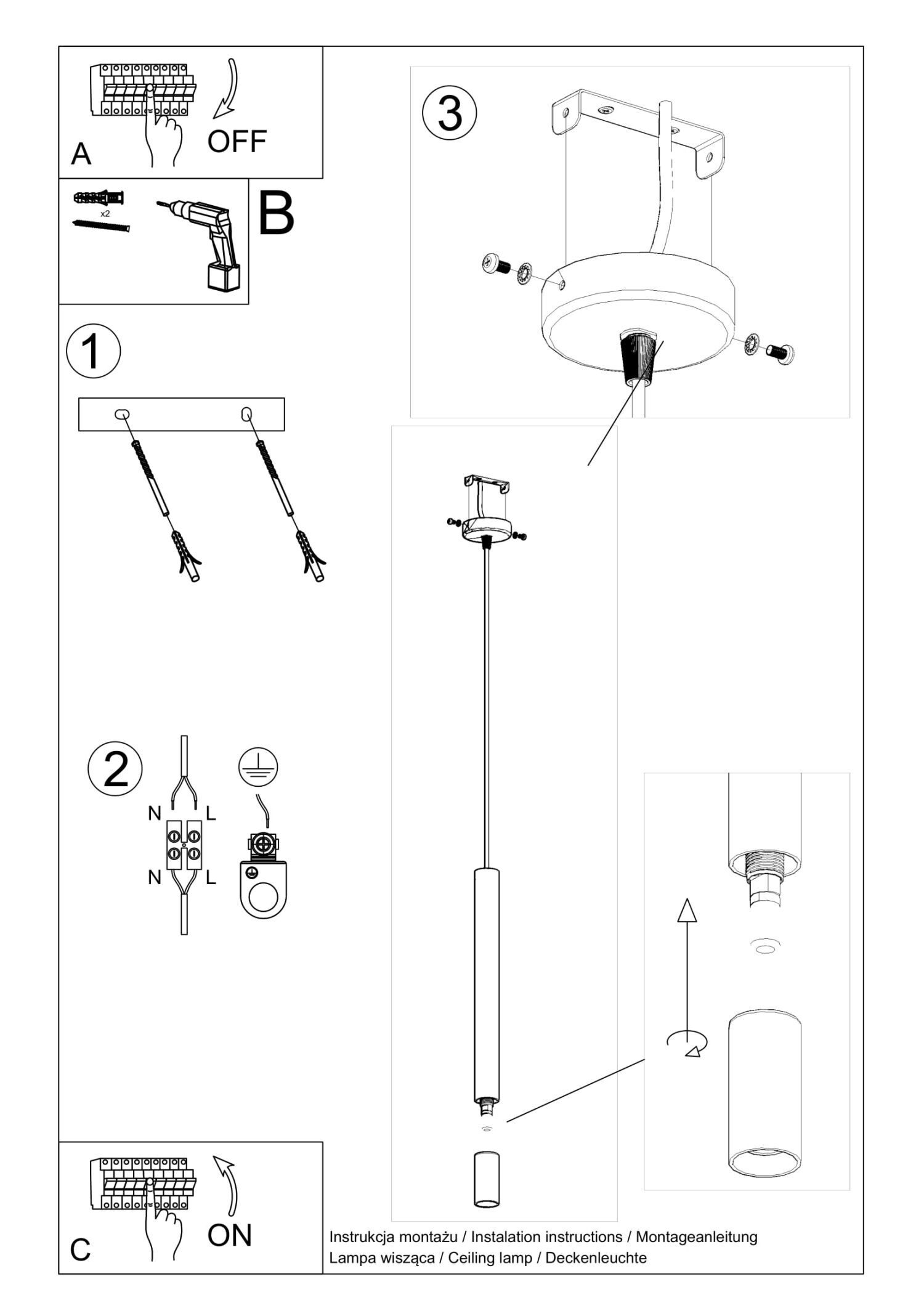 Suspension Noir Cylindre Ø 4 cm étroit Métal Verre