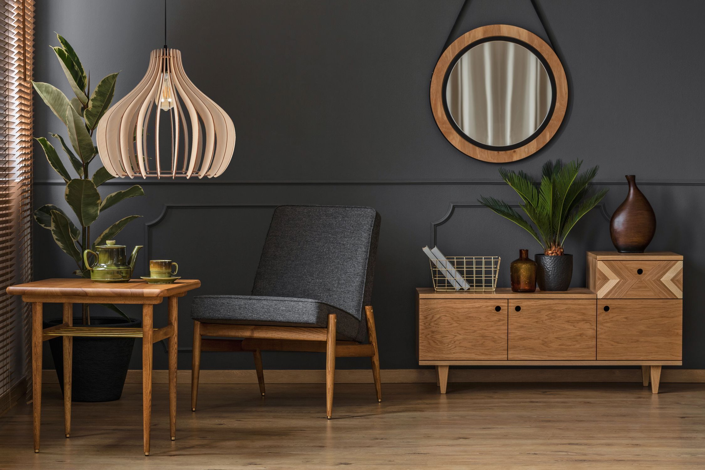 wohnzimmer, möbel, holz, stehlampe, pflanze