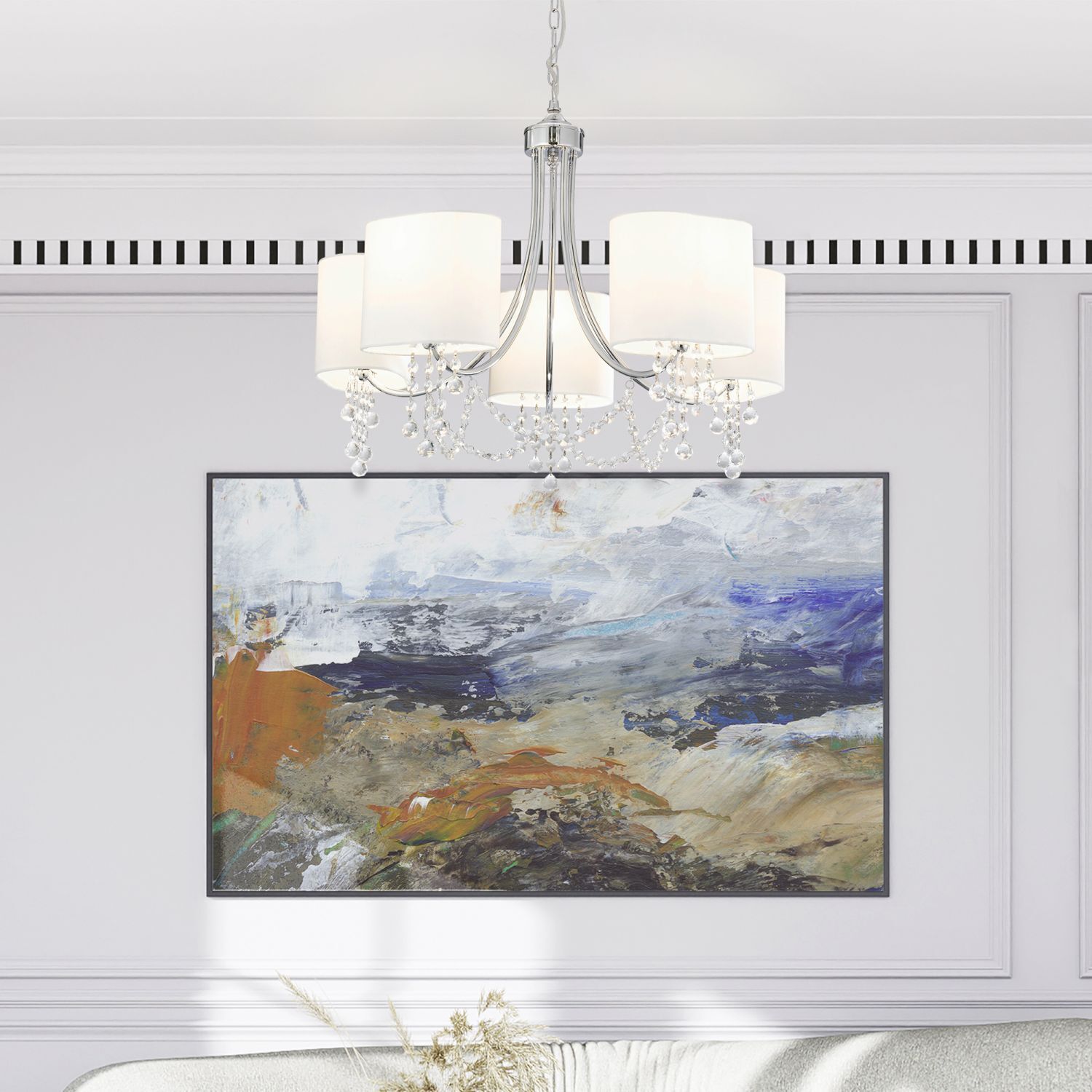 Lustre avec abat-jour 5x E14 Chrome Blanc Tissu Métal
