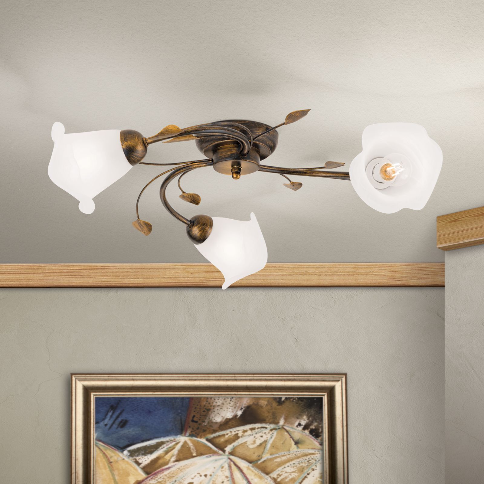 Deckenlampe Metall Glas B: 60 cm Shabby Antik Weiß E14 Deckenleuchte, Kronenleuchte, Bronzefarbene Metallarme, Weißes Glasschirm, Deckenlampe