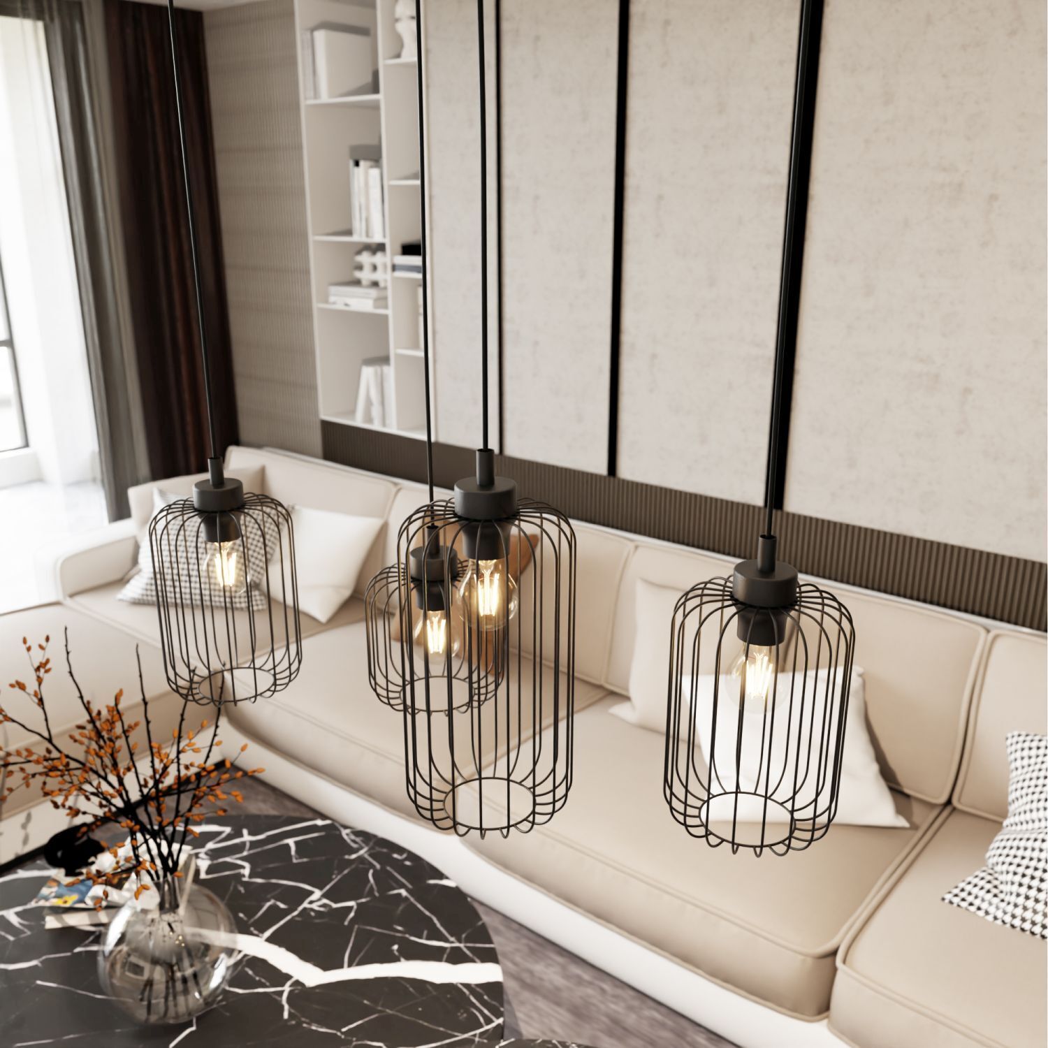 Lampe à suspendre décorative noire métal 70 cm 4 flammes