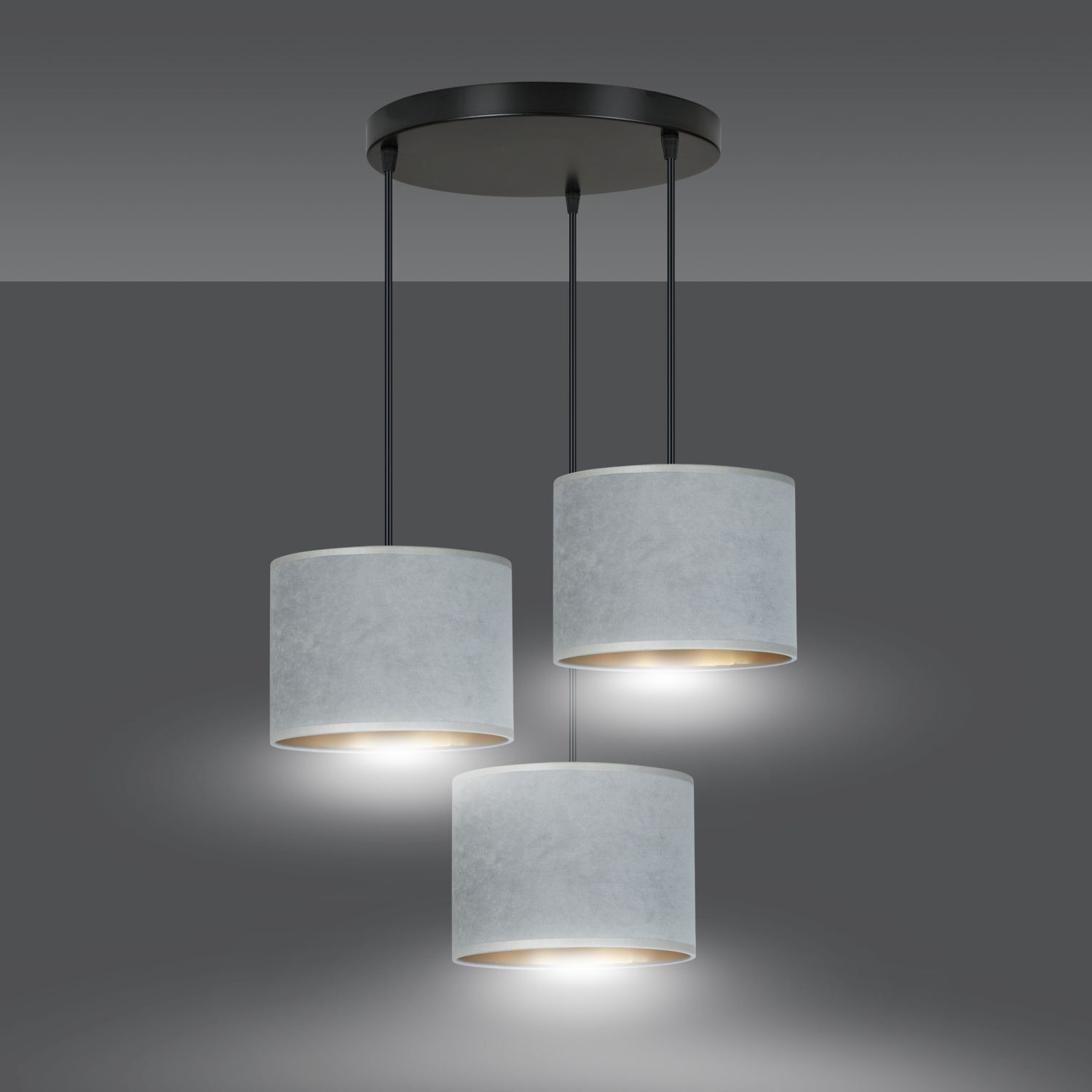 Lampe à suspendre 3 flammes E27 tissu métal noir gris or