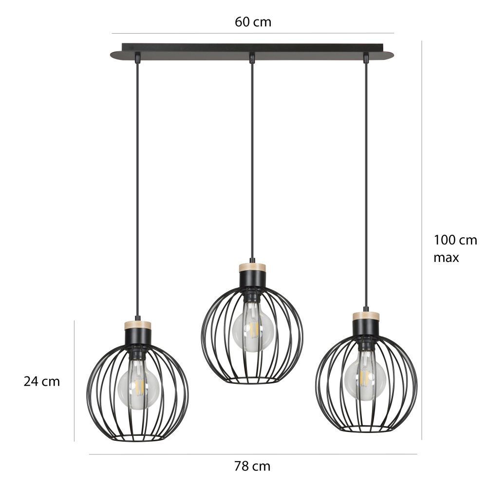 Lampe à suspendre Rétro Noir Métal Boule Abat-jour 3 flammes